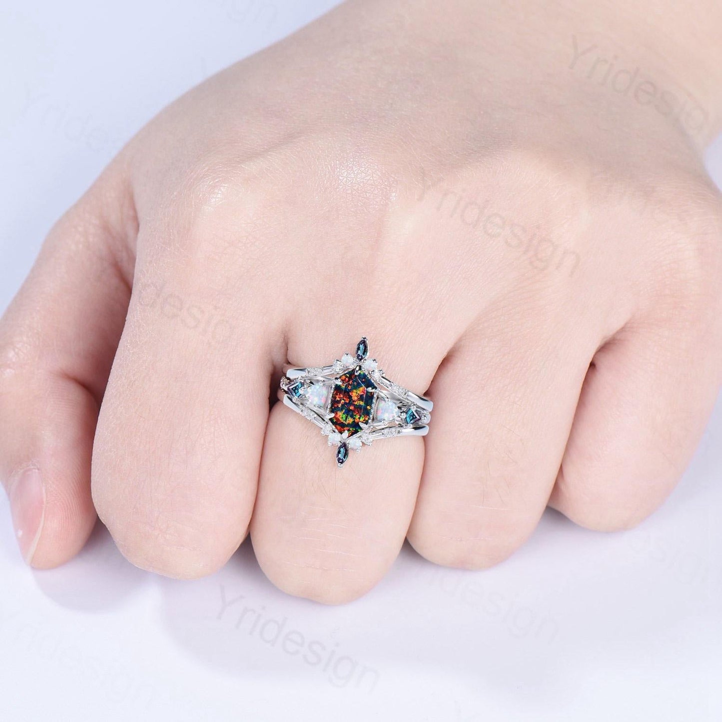 Vintage 5X9mm long hexagon black opal engagement ring set unique triangle white opal kite alexandrite wedding set enhancer band bridal set