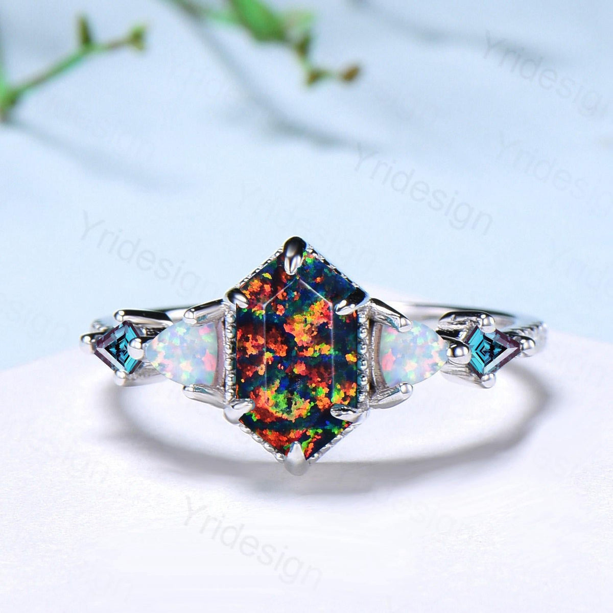 Vintage 5X9mm long hexagon black opal engagement ring set unique triangle white opal kite alexandrite wedding set enhancer band bridal set