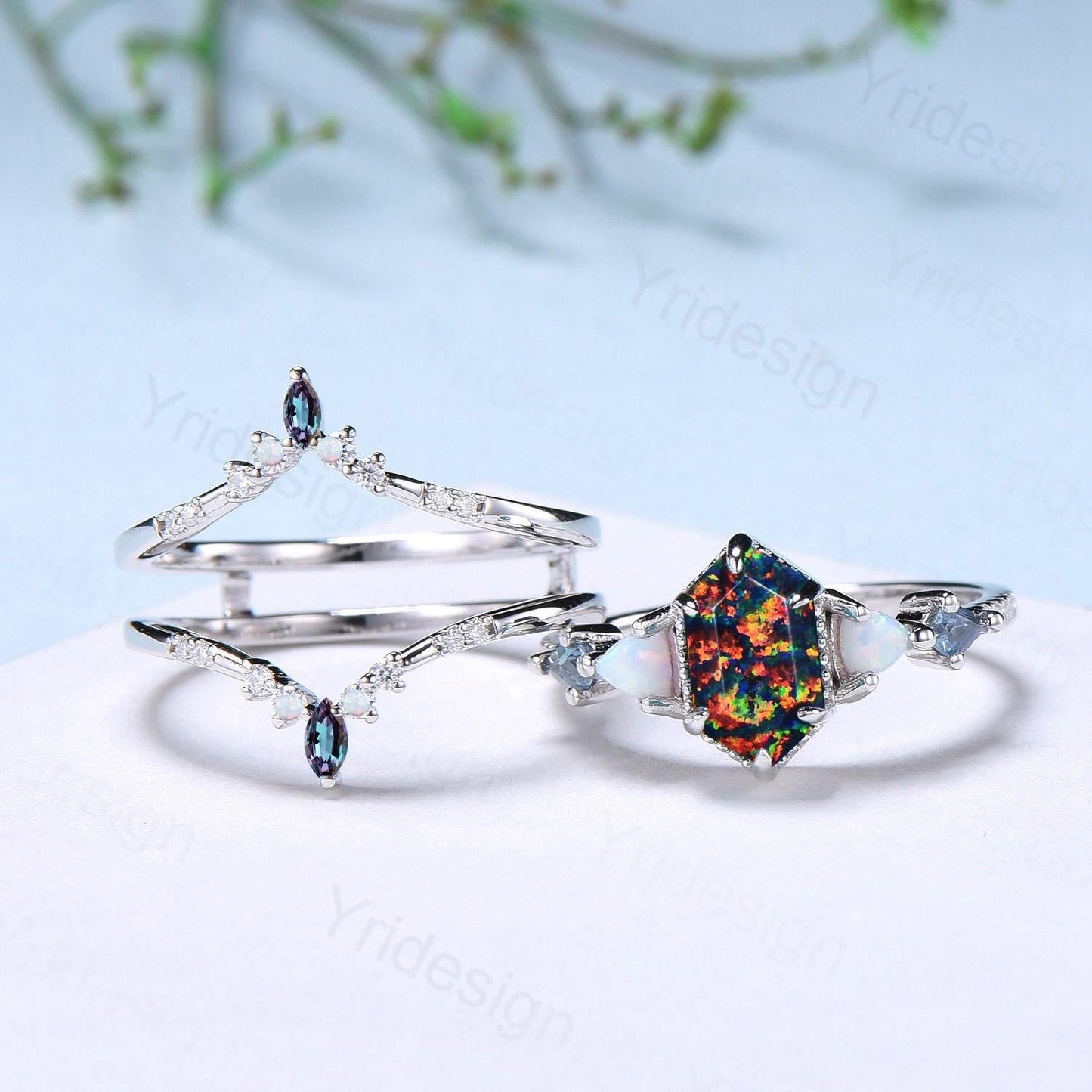 Vintage 5X9mm long hexagon black opal engagement ring set unique triangle white opal kite alexandrite wedding set enhancer band bridal set