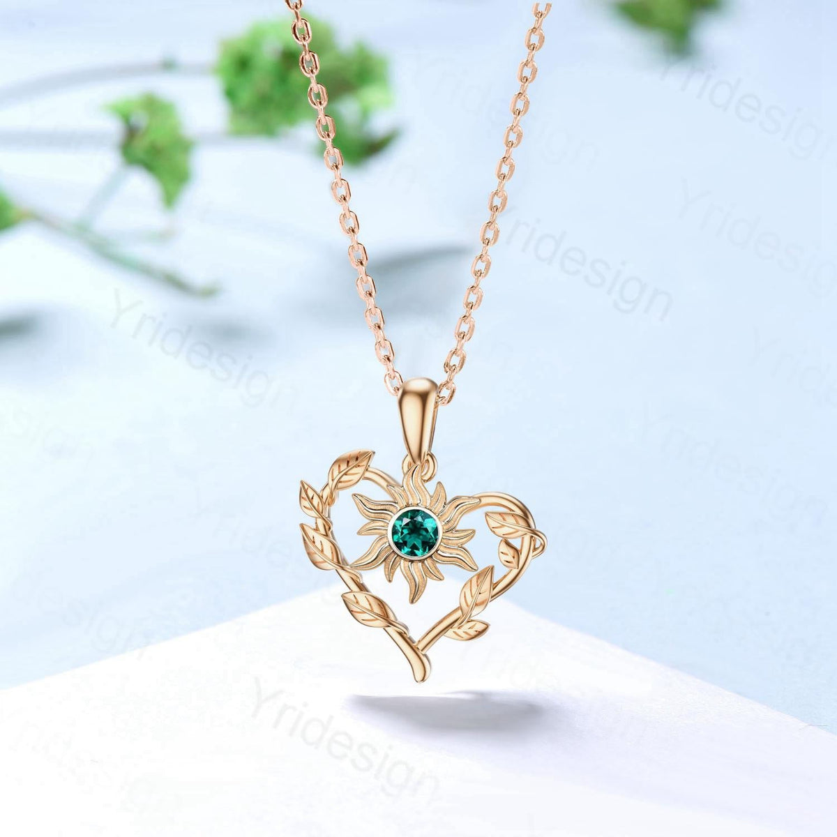 Unique Nature Inspired Emerald Necklace Elegant Sunflower May Birthstone Necklace Pendant Leaf Vine Anniversary Gift Art Deco Silver Pendant