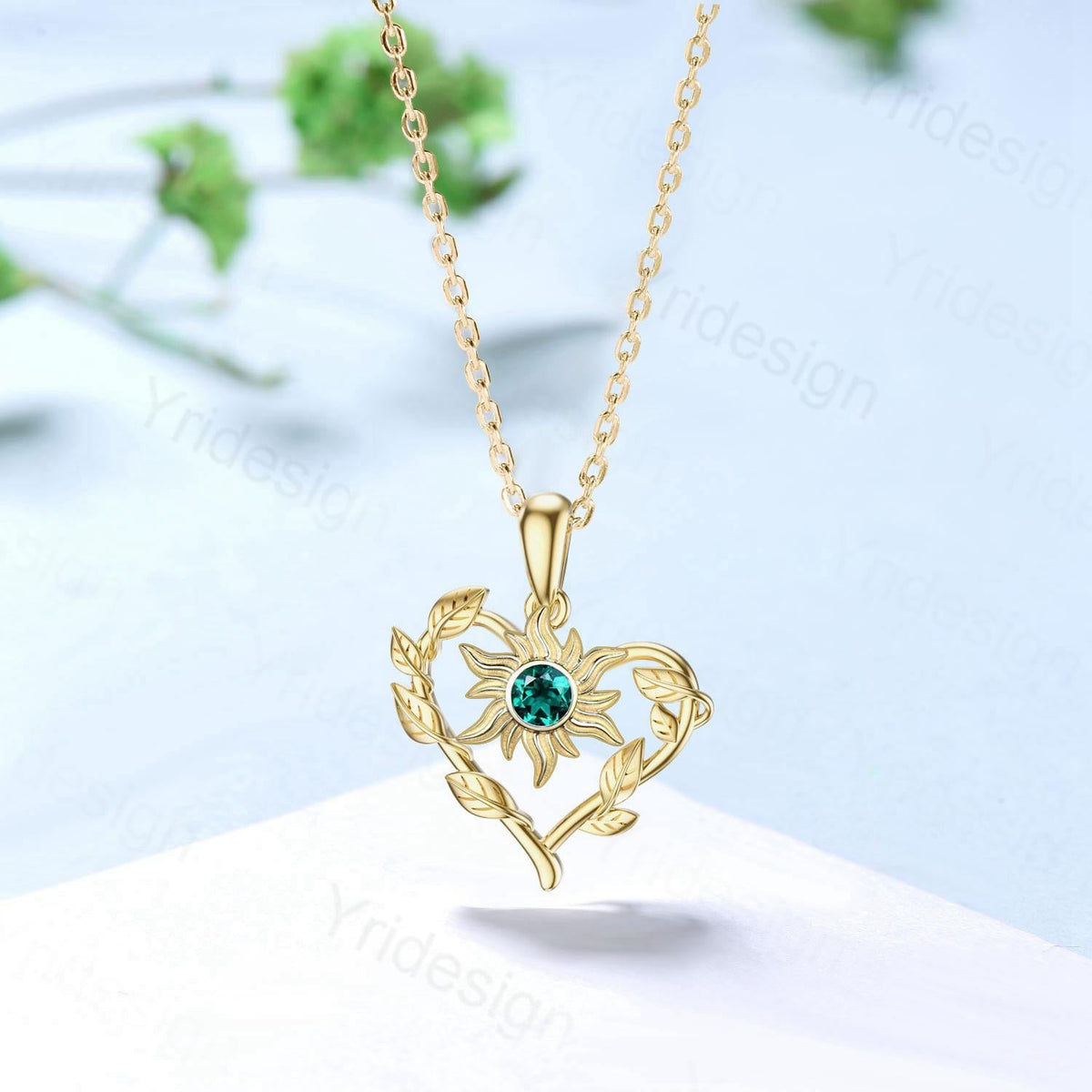 Unique Nature Inspired Emerald Necklace Elegant Sunflower May Birthstone Necklace Pendant Leaf Vine Anniversary Gift Art Deco Silver Pendant