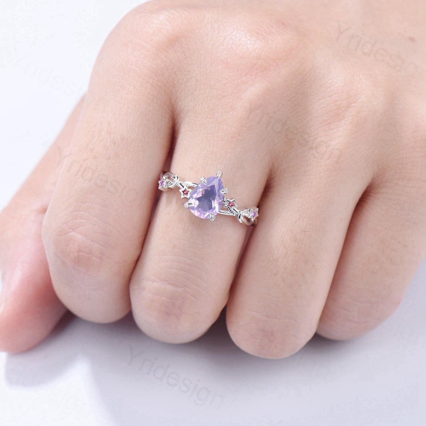 Unique Emerald Cut lavender amethyst Ring Moon Star Pink Tourmaline Purple Engagement Ring February Birthstone Handmade Proposal Gifts Women