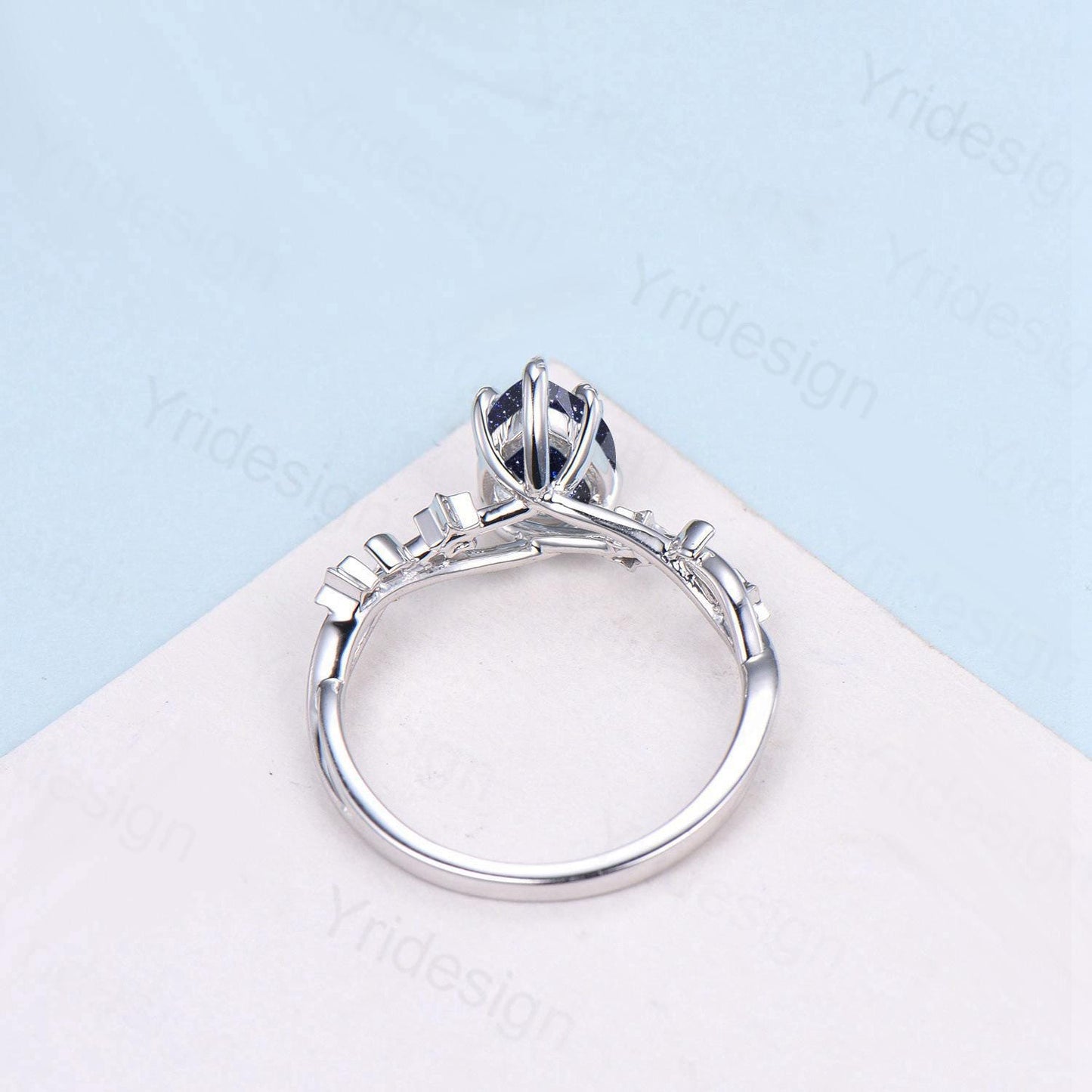 Elegant Pear Shaped Blue Sandstone Ring Vintage Moon Star Blue Goldstone Engagement Ring Leaf Vine Wedding Ring Blue Sapphire Promise Ring