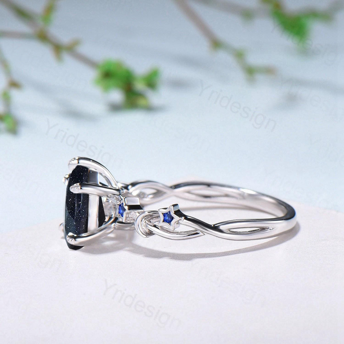 Elegant Pear Shaped Blue Sandstone Ring Vintage Moon Star Blue Goldstone Engagement Ring Leaf Vine Wedding Ring Blue Sapphire Promise Ring