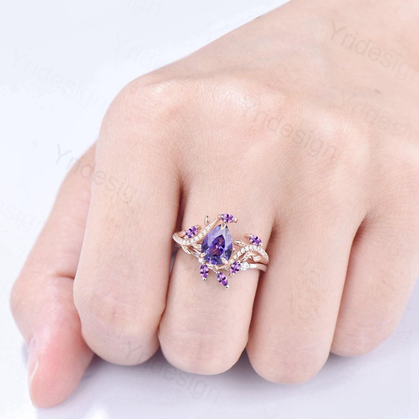 Vintage Pear Shaped Purple Sapphire Engagement Ring Set Nature Inspired Snake Eternity Wedding Set Amethyst Bridal Ring Set Twig Branch Ring