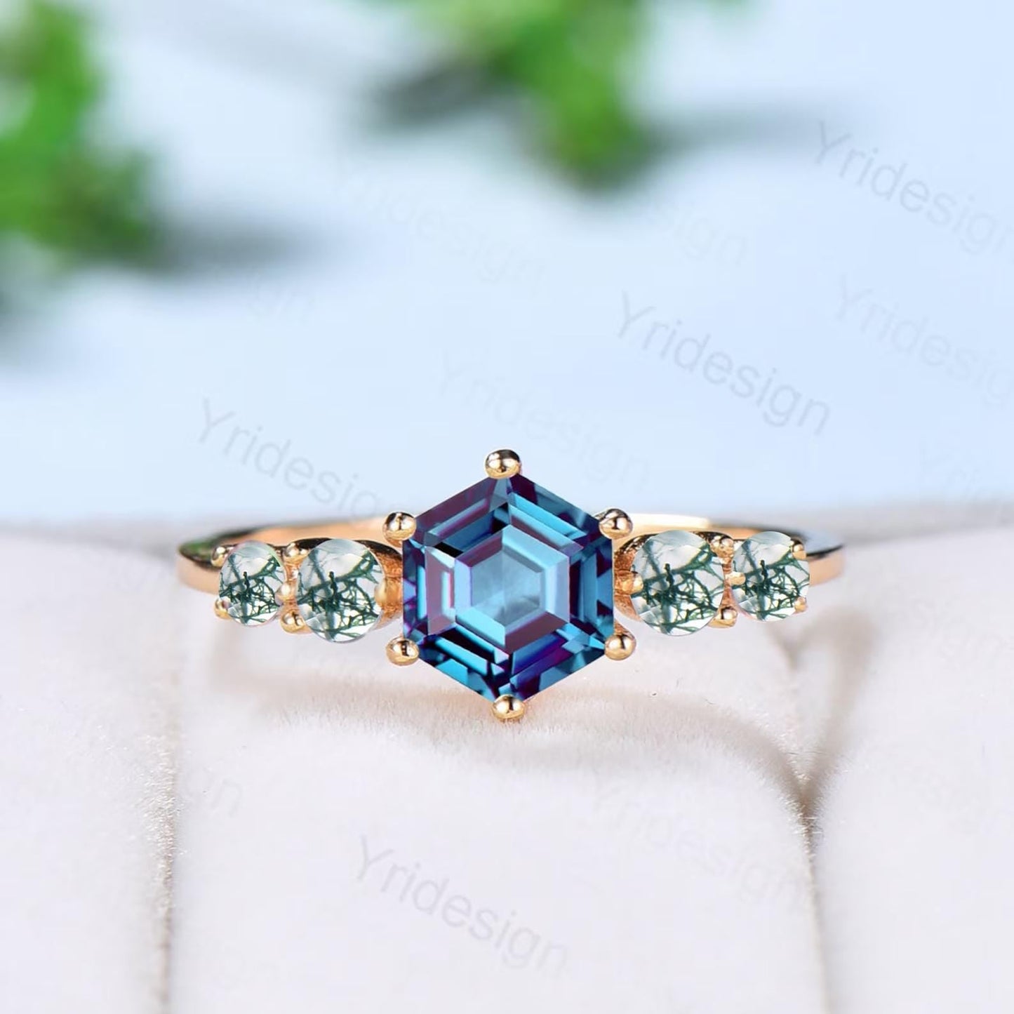 Vintage Alexandrite Engagement Ring Hexagon Cut Five Stone Promise Ring Accent Moss Agate/Emerald/Ruby/Amethyst/Opal Moonstone Bridal Ring