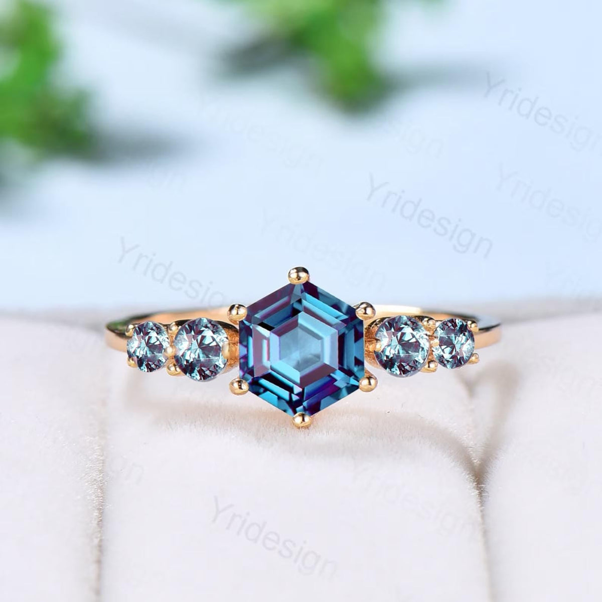 Vintage Alexandrite Engagement Ring Hexagon Cut Five Stone Promise Ring Accent Moss Agate/Emerald/Ruby/Amethyst/Opal Moonstone Bridal Ring