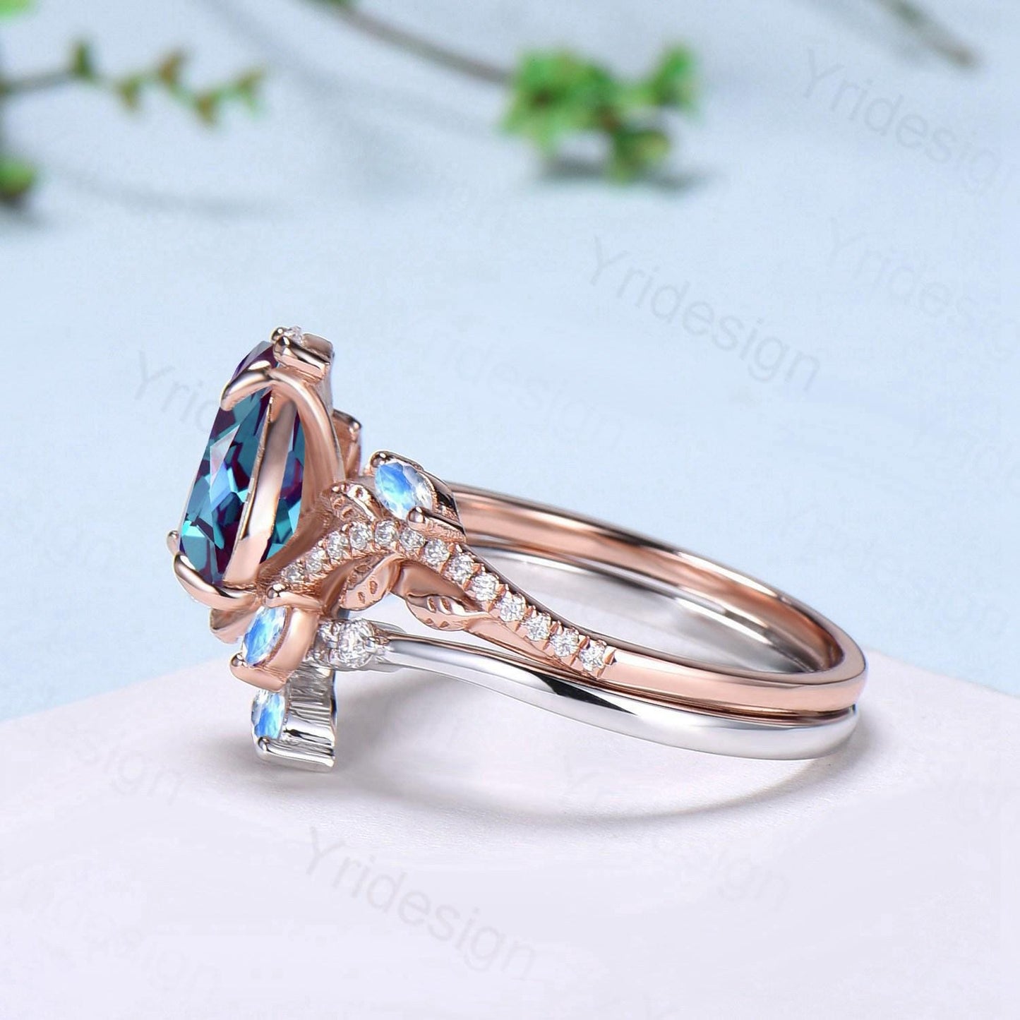 Vintage Pear Shaped Alexandrite Engagement Ring Set Nature Inspired Snake Wedding Set  Moonstone Bridal Set Twig Vine June Birthstone Ring