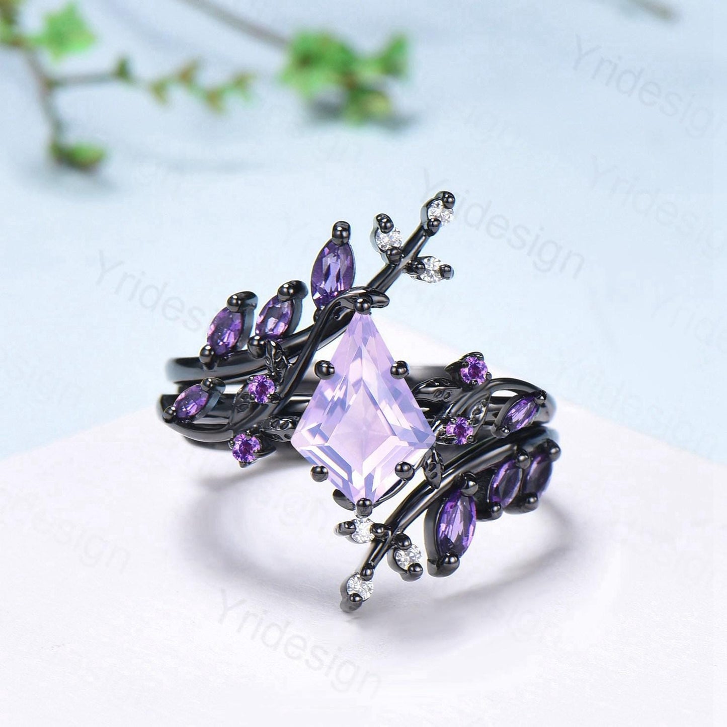 Unique Cage Leafy Lavender Amethyst Wedding Ring Set Nature Inspired Kite Cut Amethyst Engagement Ring Set Black Gold Knight 2Pcs Bridal Set