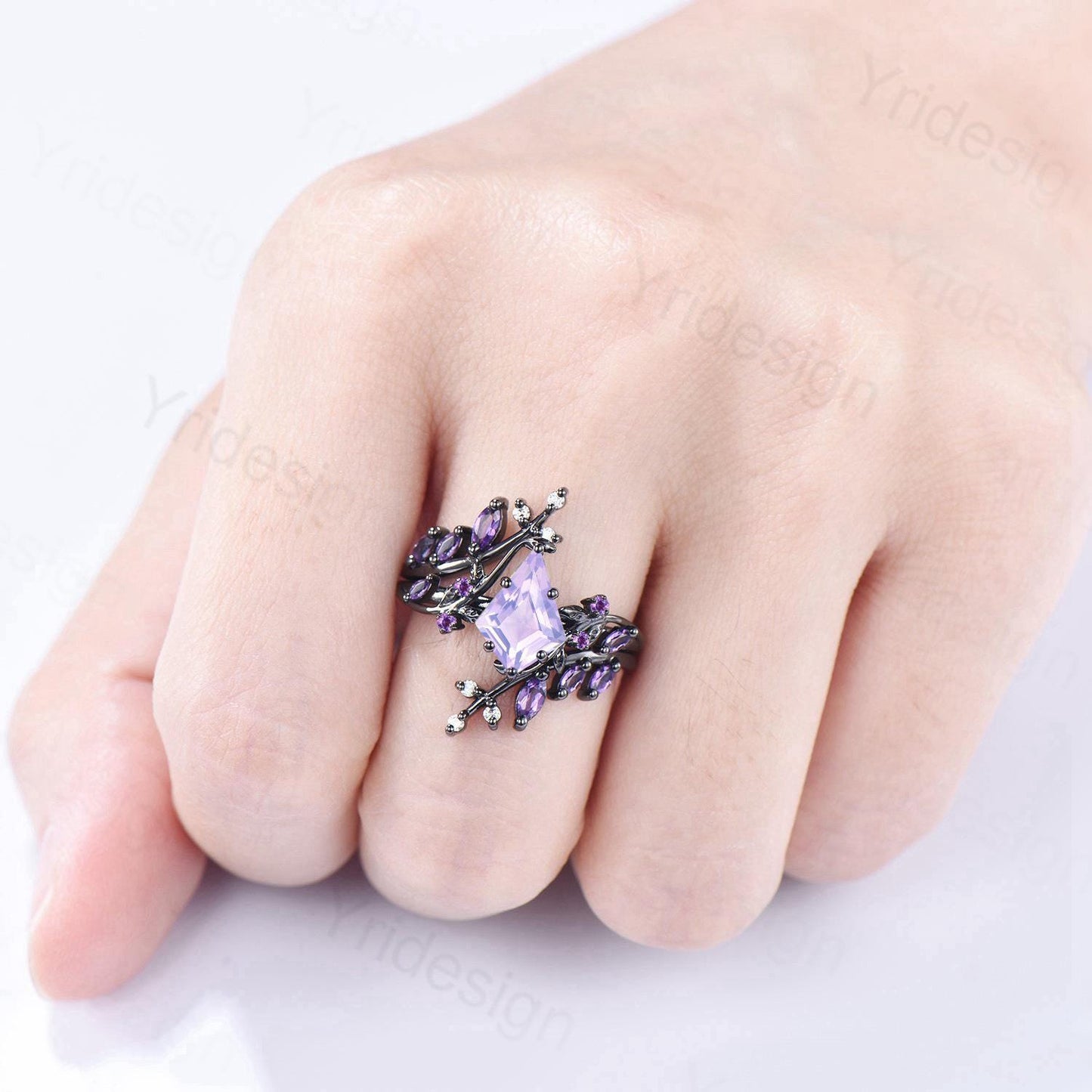 Unique Cage Leafy Lavender Amethyst Wedding Ring Set Nature Inspired Kite Cut Amethyst Engagement Ring Set Black Gold Knight 2Pcs Bridal Set
