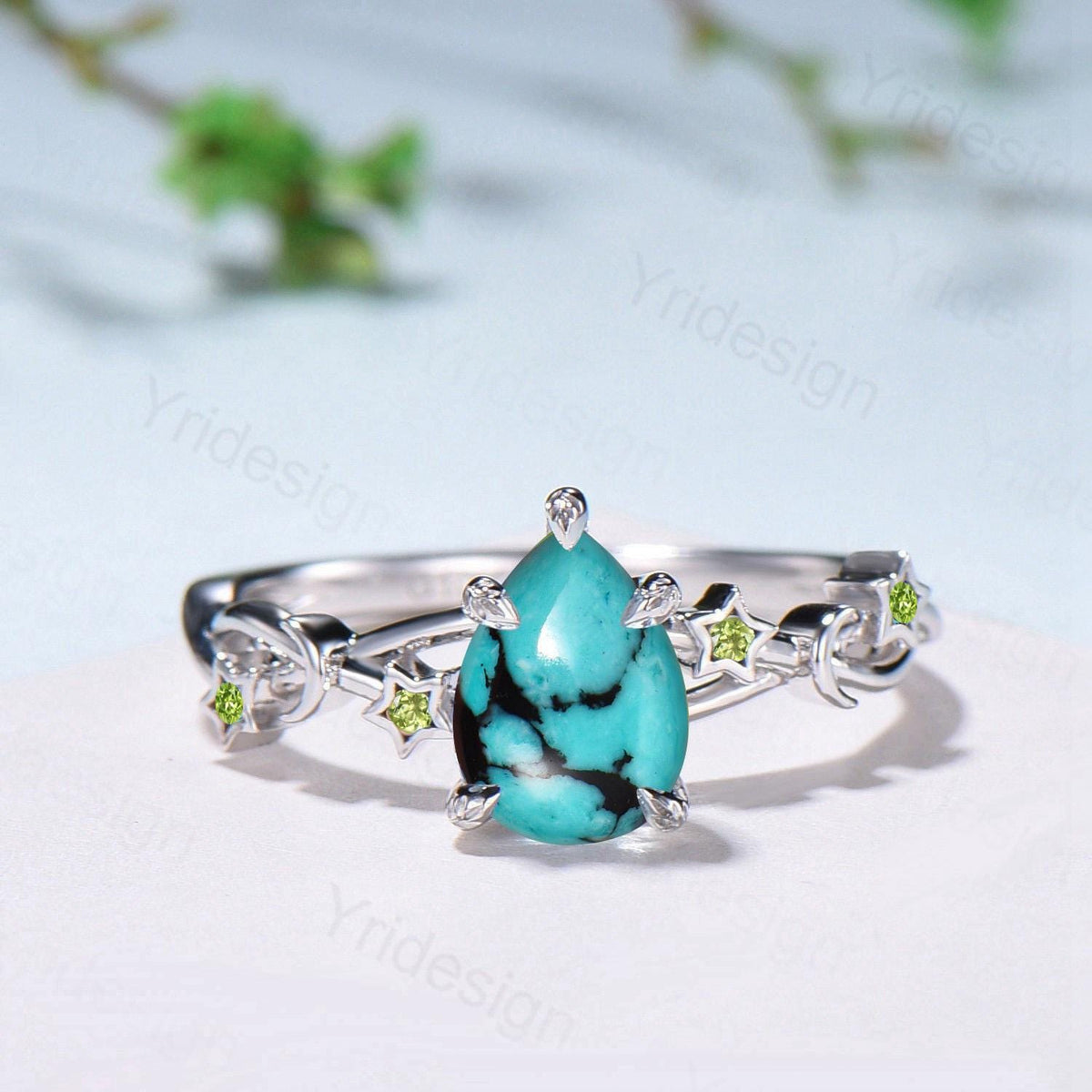 Art Deco Pear Shaped Turquoise Engagement Ring 14K White Gold Moon Star Peridot Wedding Ring Vintage Split Shank Anniversary Ring For Women
