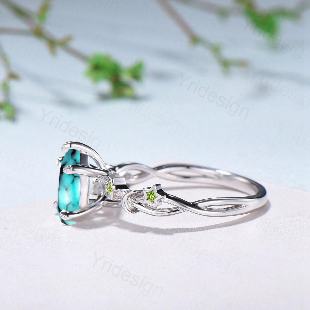 Art Deco Pear Shaped Turquoise Engagement Ring 14K White Gold Moon Star Peridot Wedding Ring Vintage Split Shank Anniversary Ring For Women