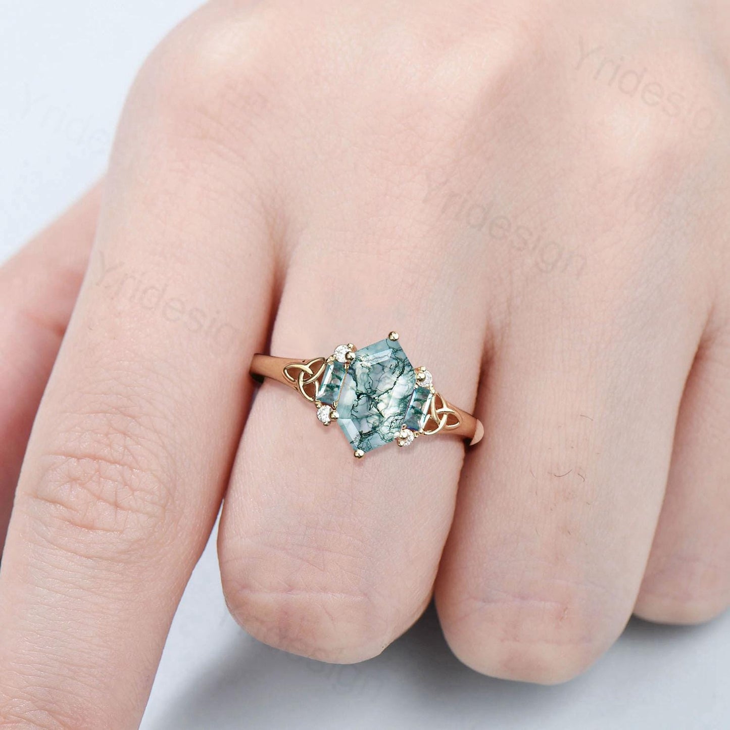 Unique Celtic Knot Long Hexagon Cut Moss Agate Engagement Ring Unique Norse Viking Cluster Baguette Agate Wedding Ring Anniversary gifts