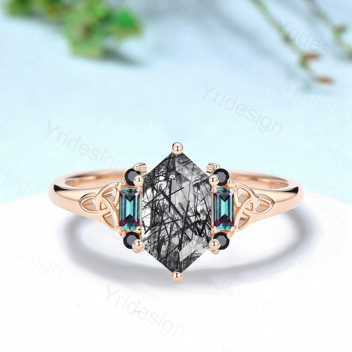 Unique Long Hexagon Cut Black Rutilated Quartz Ring Engagement Ring Norse Viking Cluster Baguette Alexandrite Wedding Ring Anniversary gifts