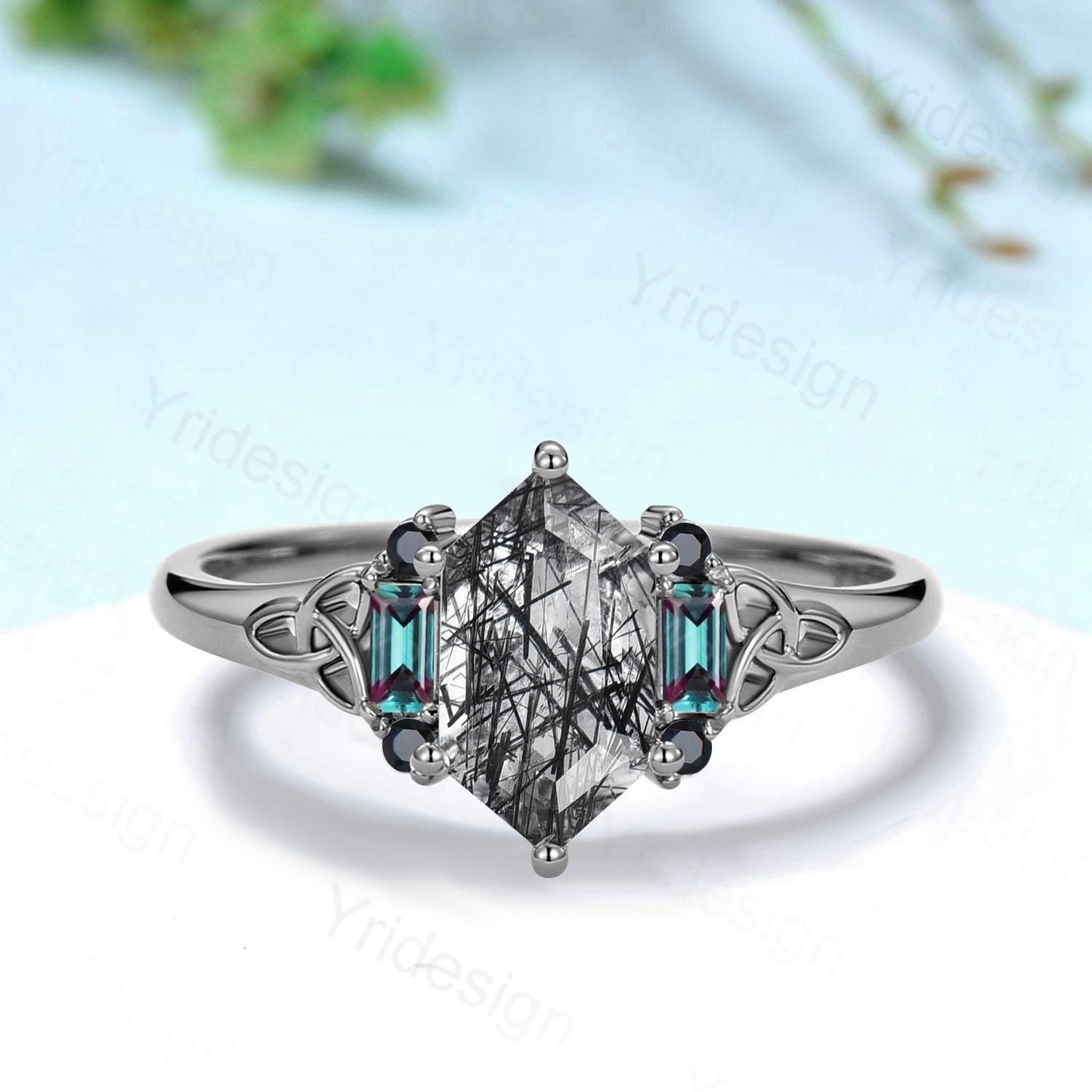 Unique Long Hexagon Cut Black Rutilated Quartz Ring Engagement Ring Norse Viking Cluster Baguette Alexandrite Wedding Ring Anniversary gifts