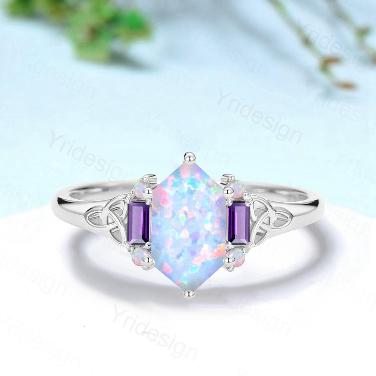 Unique Celtic Knot Long Hexagon Cut White Opal Engagement Ring Unique Norse Viking Cluster Baguette Amethyst Wedding Ring Anniversary gifts