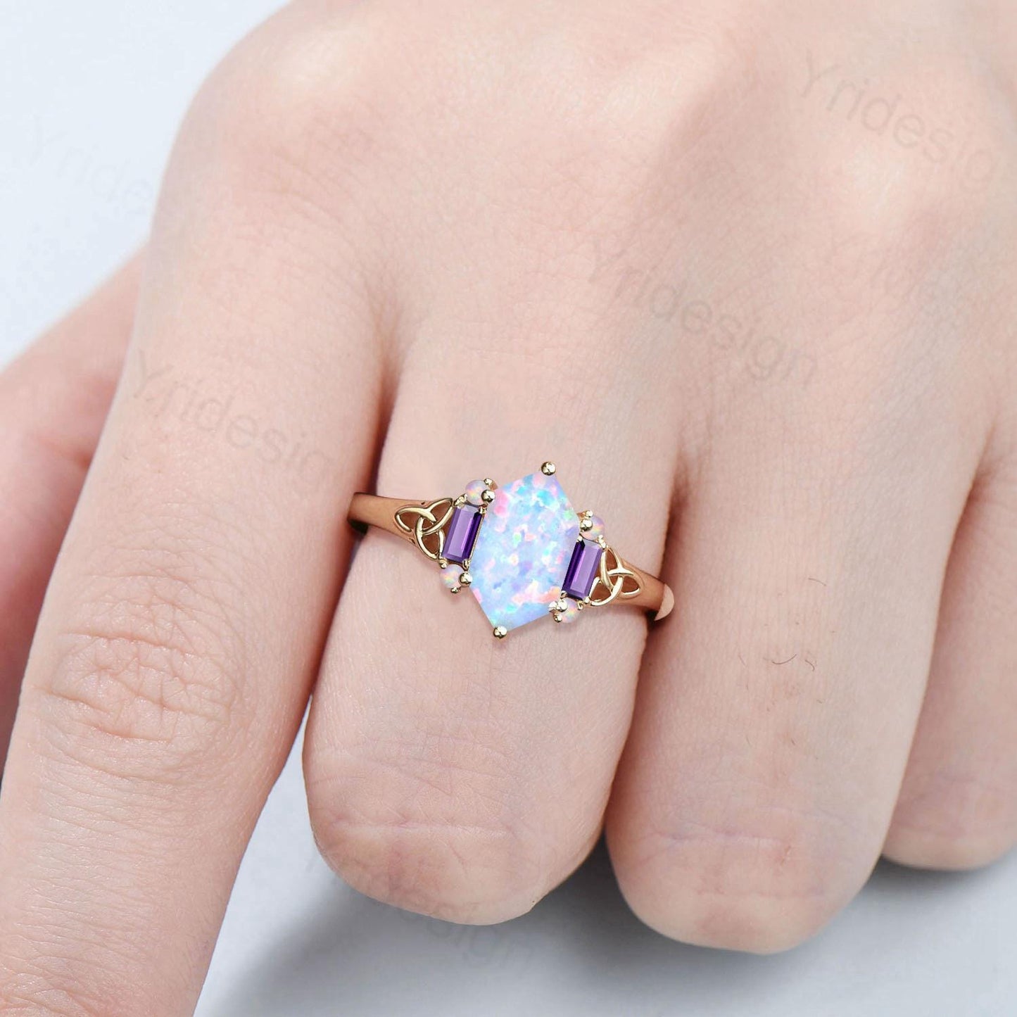 Unique Celtic Knot Long Hexagon Cut White Opal Engagement Ring Unique Norse Viking Cluster Baguette Amethyst Wedding Ring Anniversary gifts