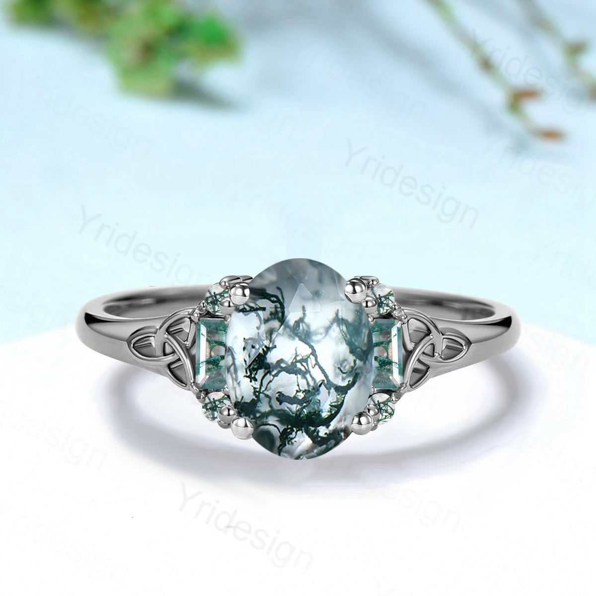 Unique Celtic Knot Oval Cut Natural Moss Agate Engagement Ring Unique Norse Viking Cluster Baguette Amethyst Wedding Ring Anniversary gifts