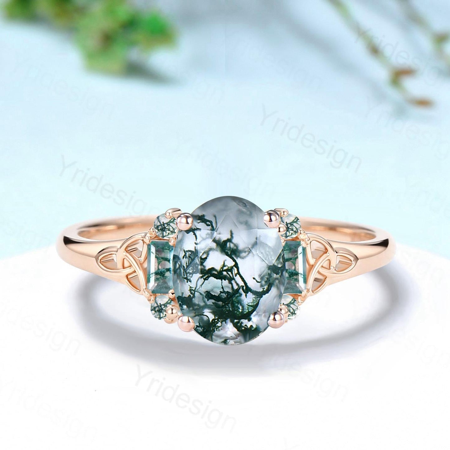 Unique Celtic Knot Oval Cut Natural Moss Agate Engagement Ring Unique Norse Viking Cluster Baguette Amethyst Wedding Ring Anniversary gifts
