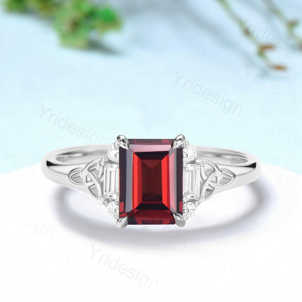 Celtic Knot Emerald Cut Garnet Engagement Ring Norse Viking Cluster Baguette Moissanite Wedding Ring January Birthstone Anniversary gifts