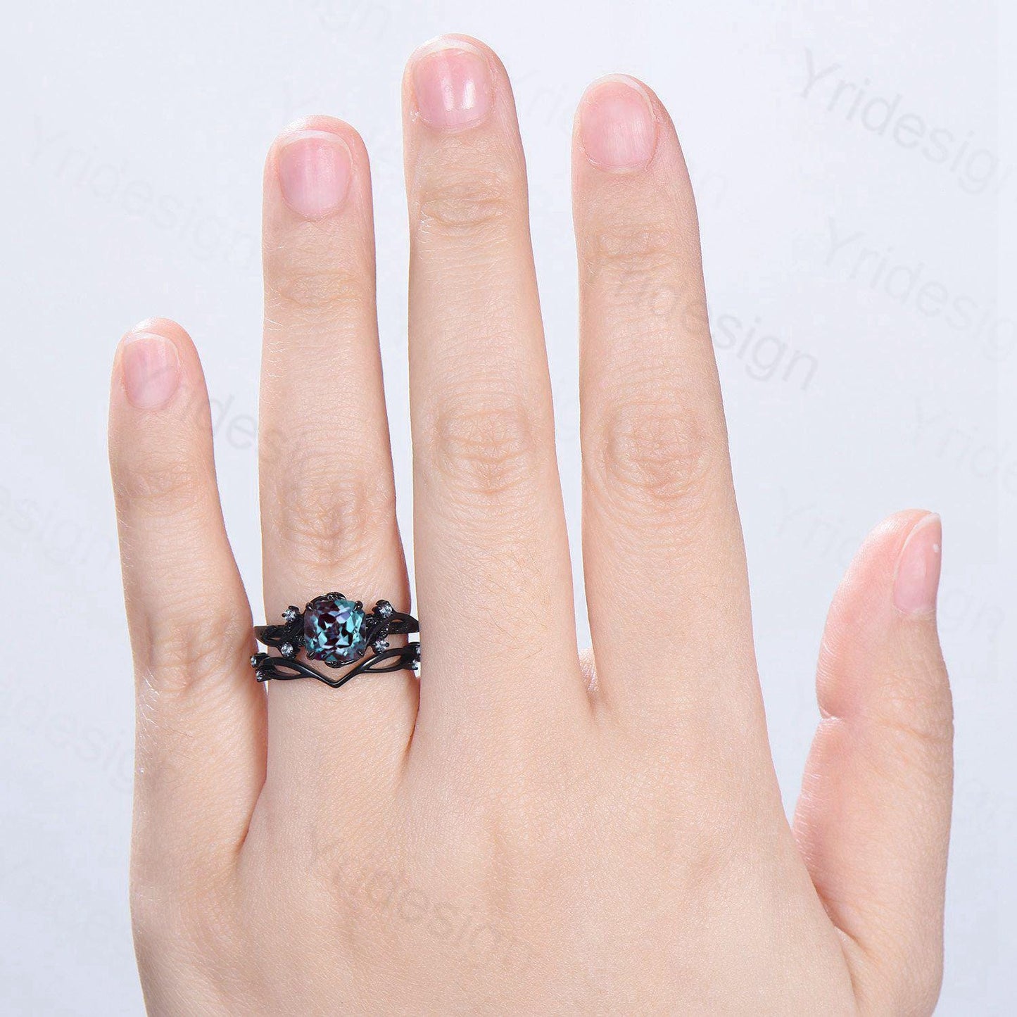 Nature inspired cushion cut alexandrite wedding ring set black gold unique gothic alexandrite engagement ring evil eye bridal set for women