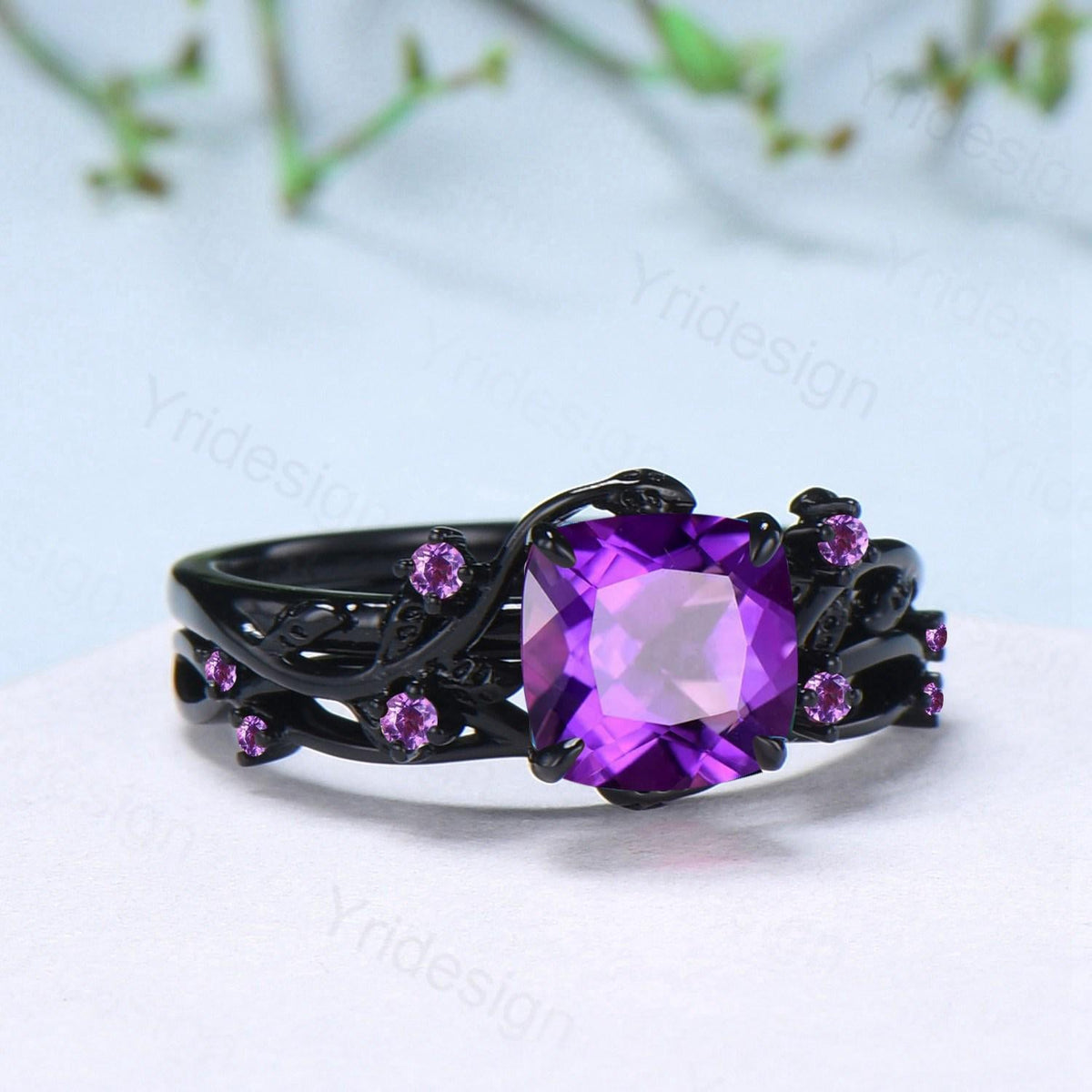Unique gothic cushion cut amethyst wedding ring set black gold bridal set natural inspired February birthstone engagement ring for daughter