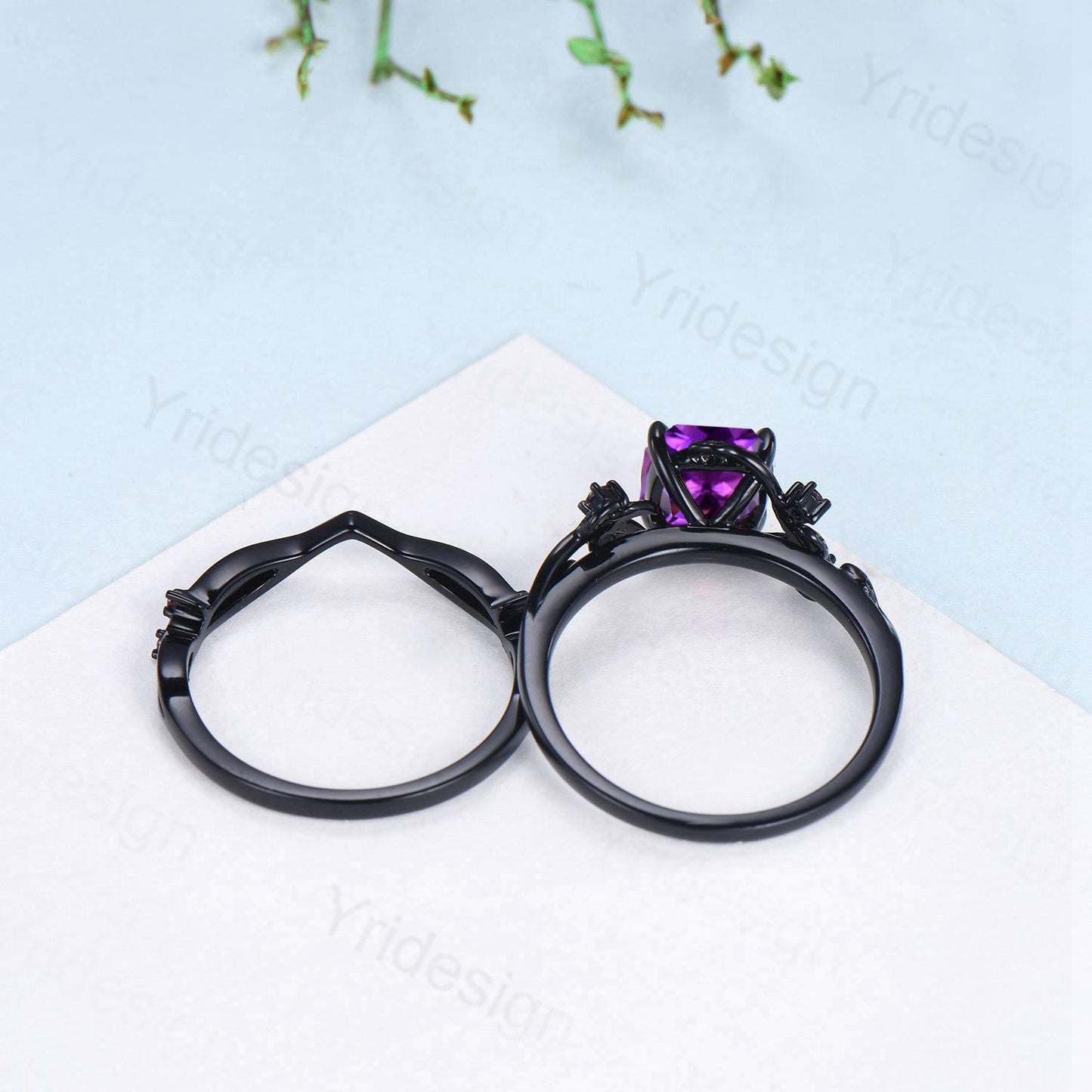 Unique gothic cushion cut amethyst wedding ring set black gold bridal set natural inspired February birthstone engagement ring for daughter