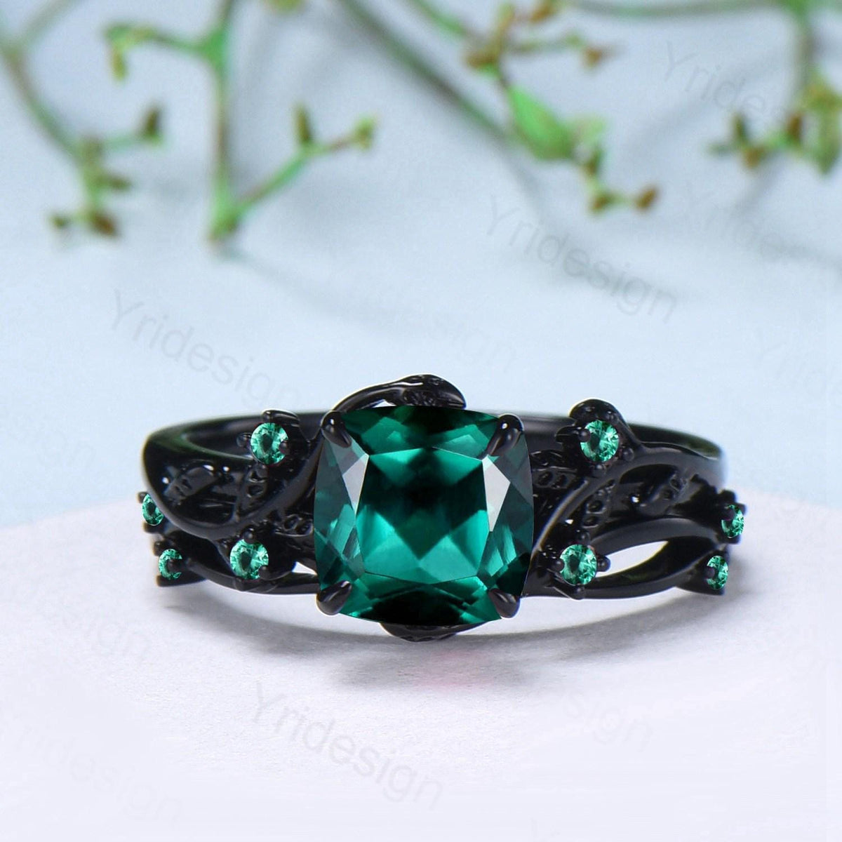 Unique gothic cushion cut emerald wedding ring set black gold natural inspired May birthstone engagement ring for women emerald bridal set