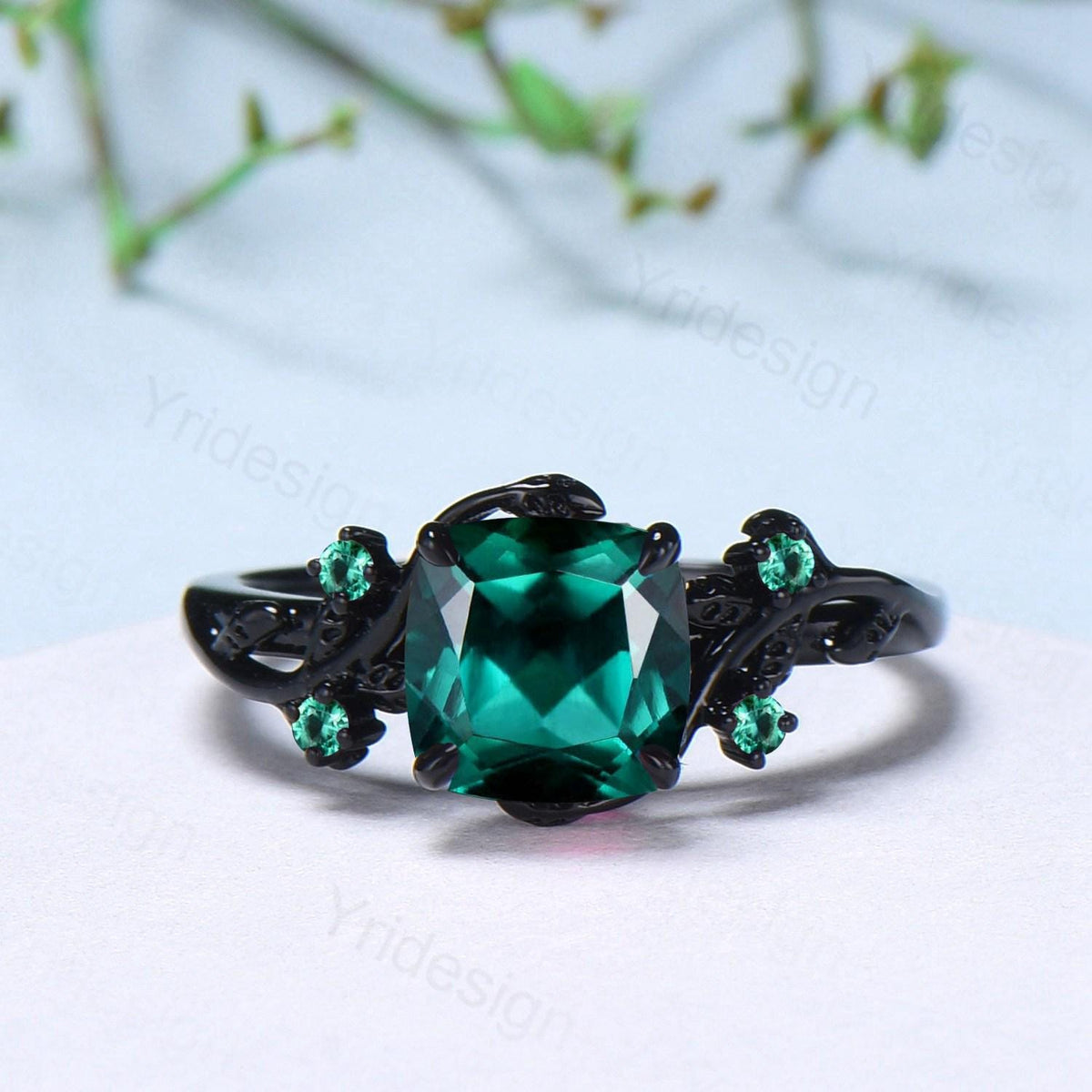 Unique gothic cushion cut emerald wedding ring set black gold natural inspired May birthstone engagement ring for women emerald bridal set