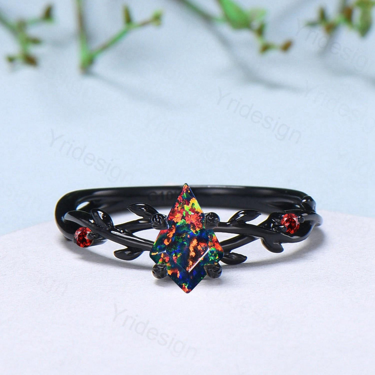 Black Gold Fire Opal Promise Ring Leaf Branch Black Opal Gothic Engagement Ring Nature Inspired Garnet Wedding Ring Twig Anniversary Gifts