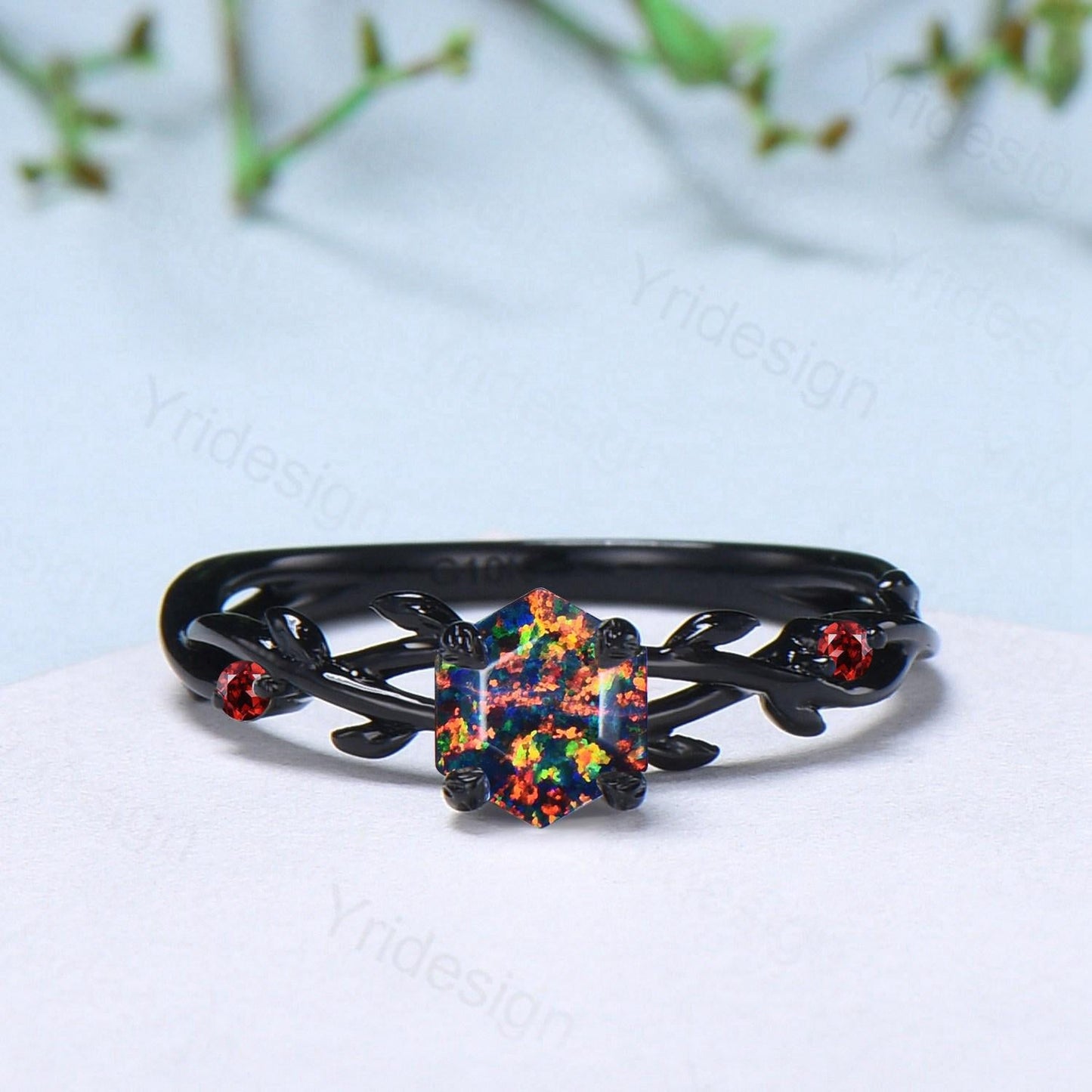 Black Gold Fire Opal Promise Ring Leaf Branch Black Opal Gothic Engagement Ring Nature Inspired Garnet Wedding Ring Twig Anniversary Gifts