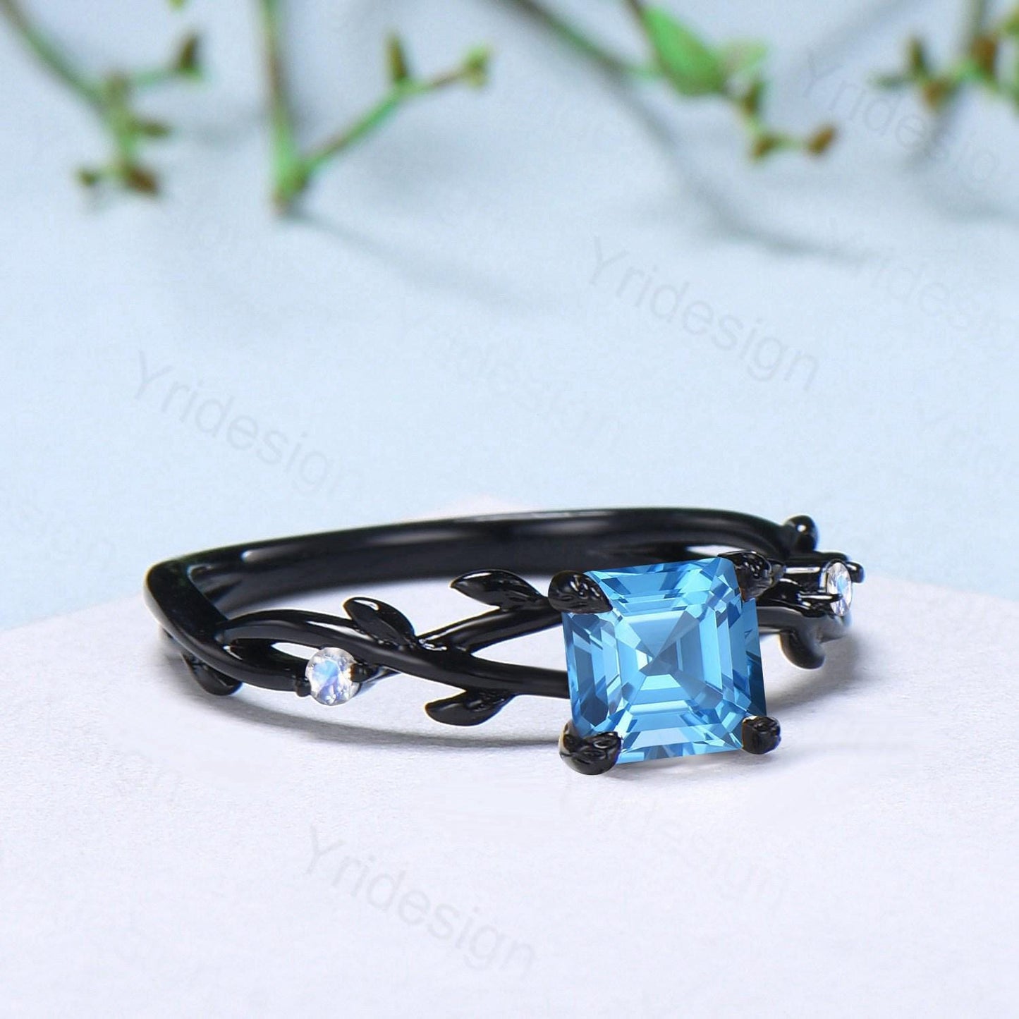 Elegant Asscher Swiss Topaz Ring Unique Black Gold Cluster Moonstone Gothic Engagement Ring Leaf Vine Wedding Ring Anniversary Proposal Gift