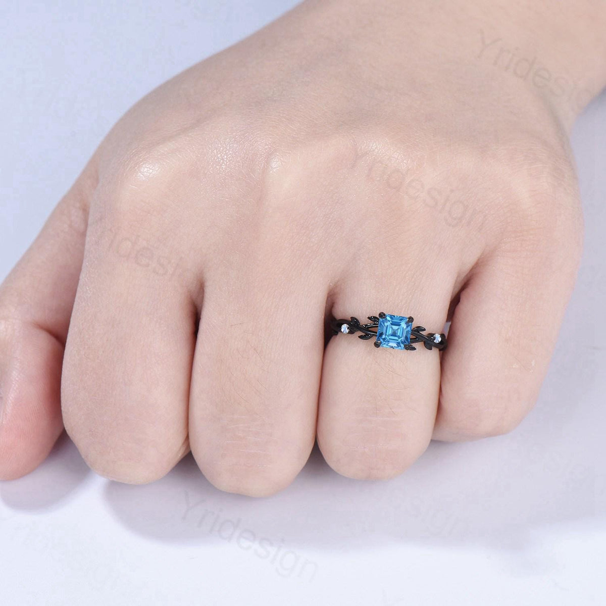 Elegant Asscher Swiss Topaz Ring Unique Black Gold Cluster Moonstone Gothic Engagement Ring Leaf Vine Wedding Ring Anniversary Proposal Gift