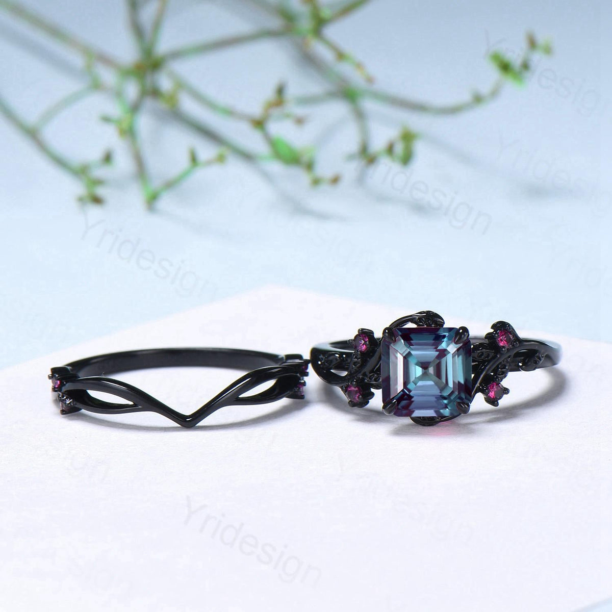 Unique gothic Asscher cut alexandrite engagement ring set black gold natural inspired alexandrite ruby wedding ring set leaf vine bridal set