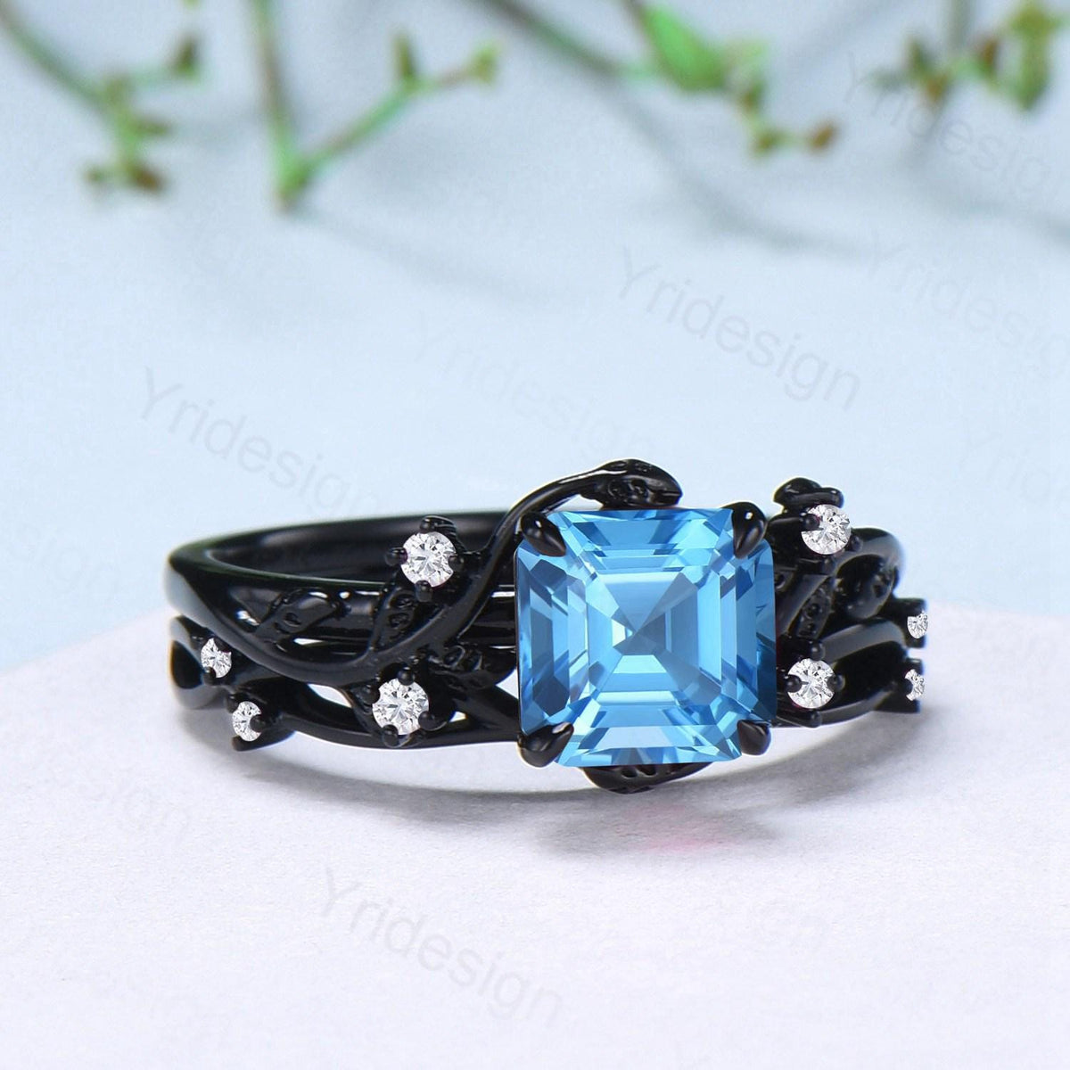 Unique gothic asscher cut swiss blue topaz wedding ring set black gold natural inspired engagement ring topaz diamond anniversary bridal set