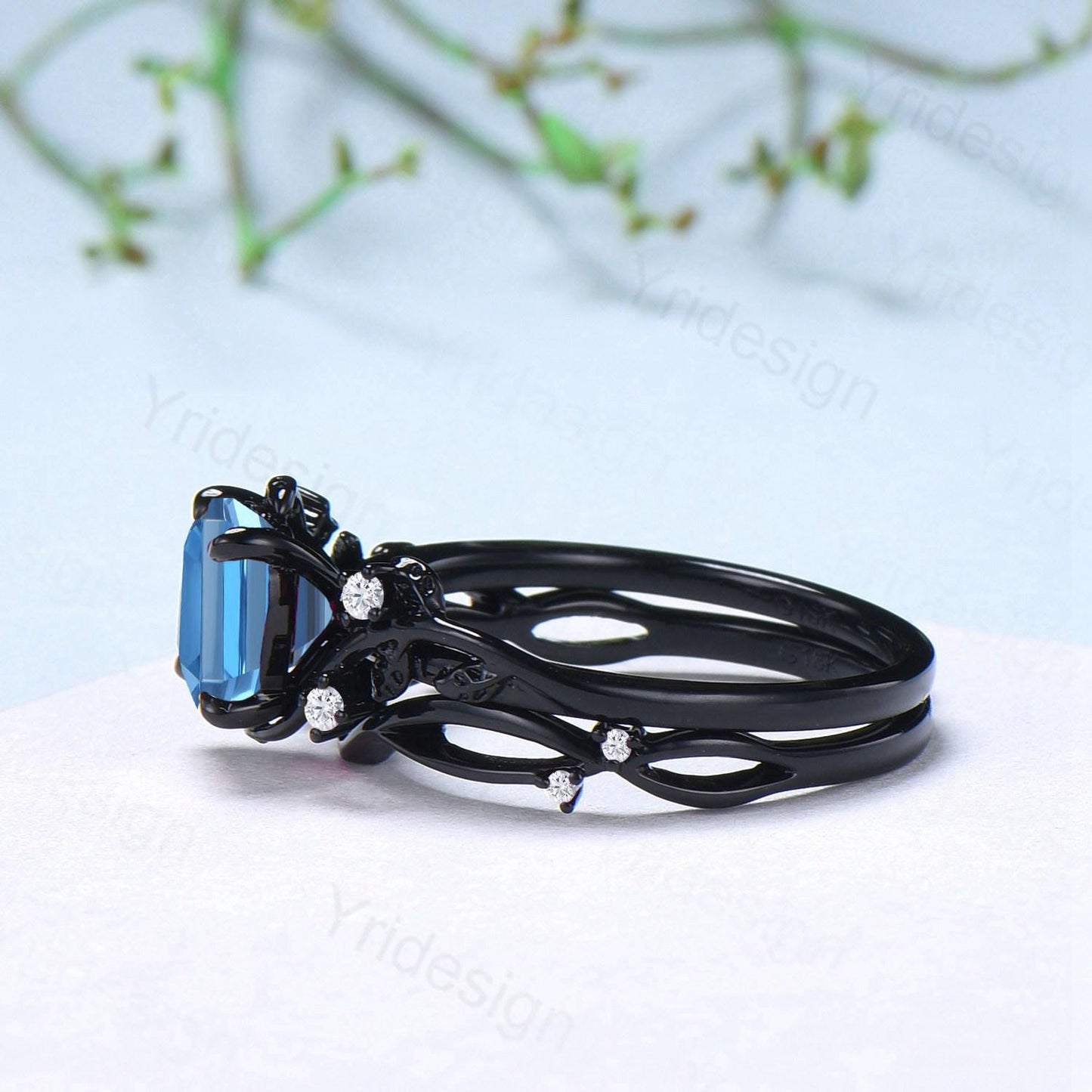 Unique gothic asscher cut swiss blue topaz wedding ring set black gold natural inspired engagement ring topaz diamond anniversary bridal set