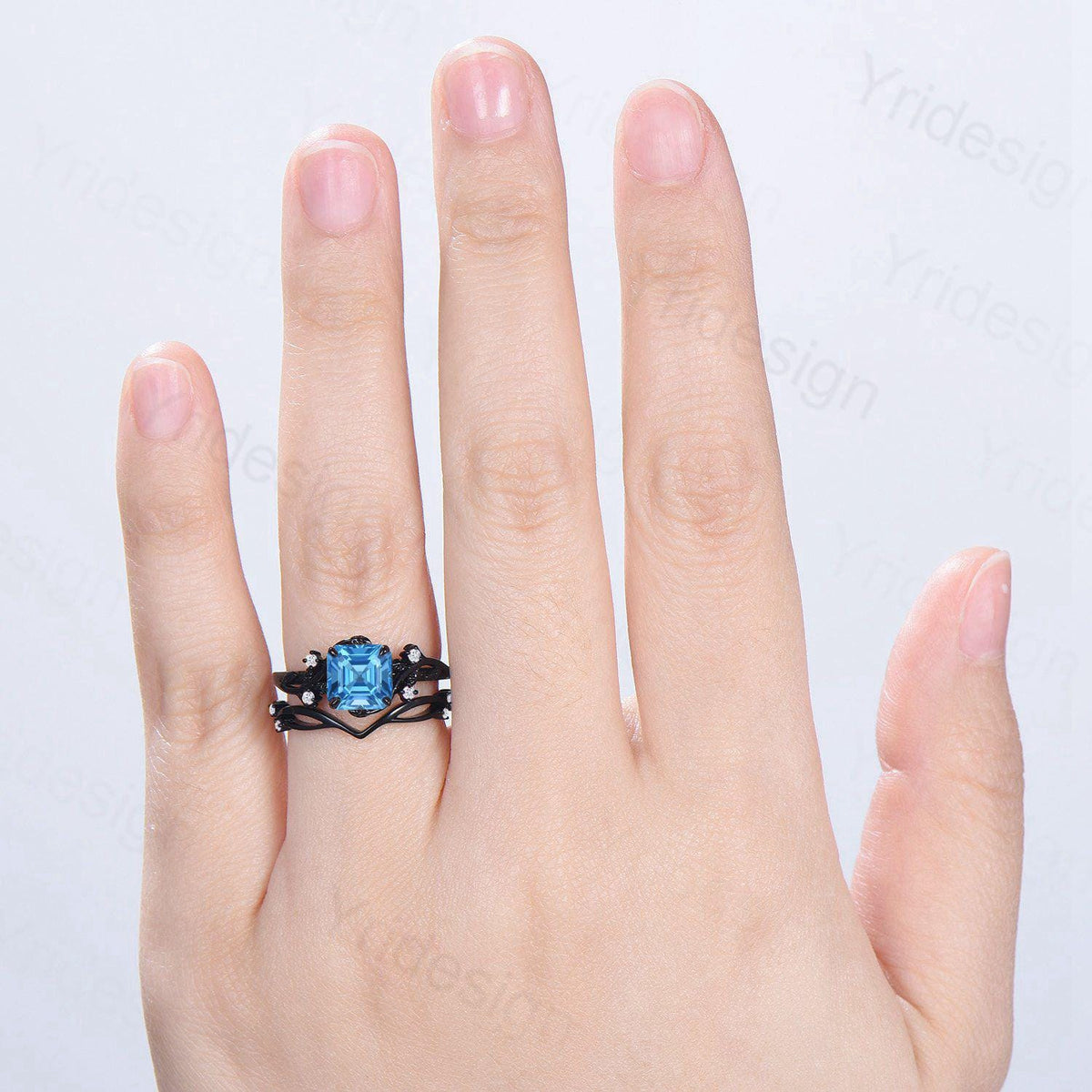 Unique gothic asscher cut swiss blue topaz wedding ring set black gold natural inspired engagement ring topaz diamond anniversary bridal set