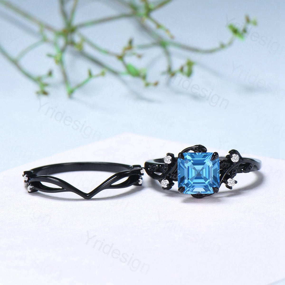 Unique gothic asscher cut swiss blue topaz wedding ring set black gold natural inspired engagement ring topaz diamond anniversary bridal set