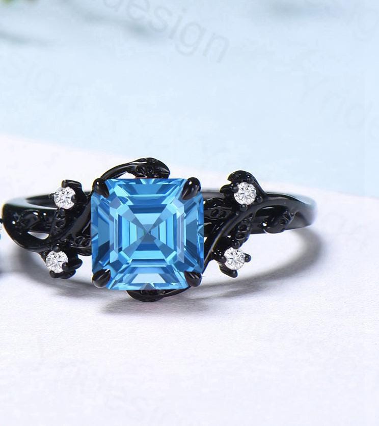 Unique gothic asscher cut swiss blue topaz wedding ring set black gold natural inspired engagement ring topaz diamond anniversary bridal set