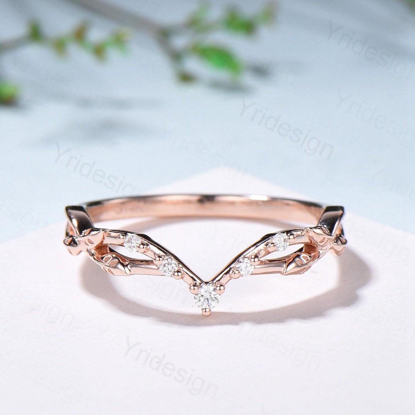 Rose Gold Diamond Curved Wedding Band Split Shank Moissanite Promise Ring Leaf Vine Stackable Matching Band Evil Eye Five Stone Wedding Ring