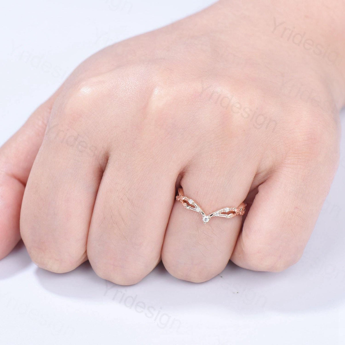 Rose Gold Diamond Curved Wedding Band Split Shank Moissanite Promise Ring Leaf Vine Stackable Matching Band Evil Eye Five Stone Wedding Ring