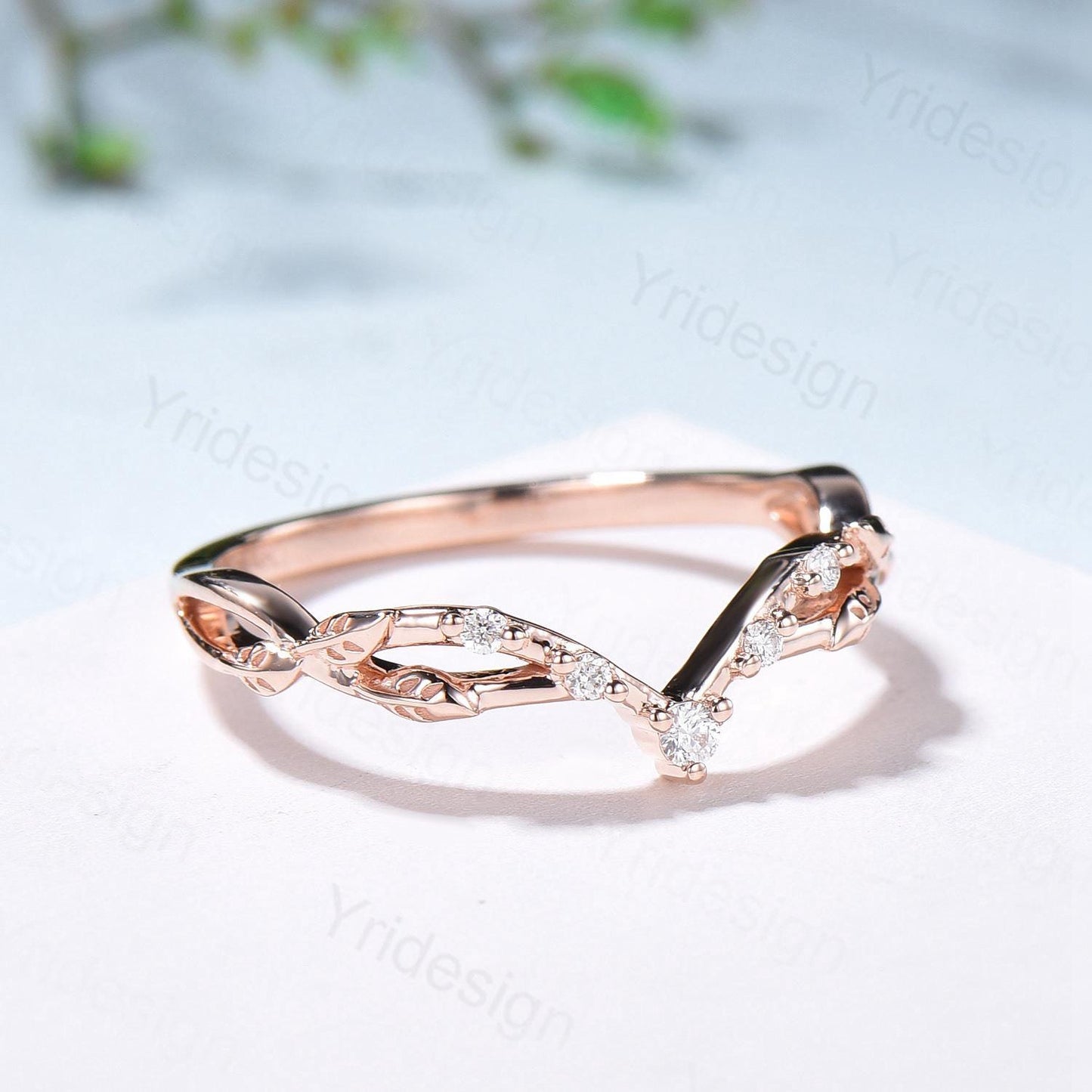 Rose Gold Diamond Curved Wedding Band Split Shank Moissanite Promise Ring Leaf Vine Stackable Matching Band Evil Eye Five Stone Wedding Ring