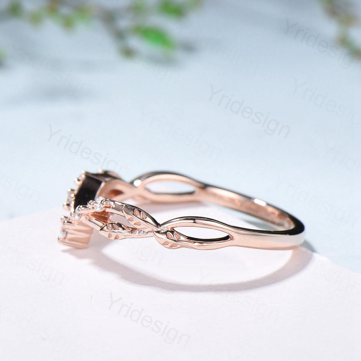 Rose Gold Diamond Curved Wedding Band Split Shank Moissanite Promise Ring Leaf Vine Stackable Matching Band Evil Eye Five Stone Wedding Ring