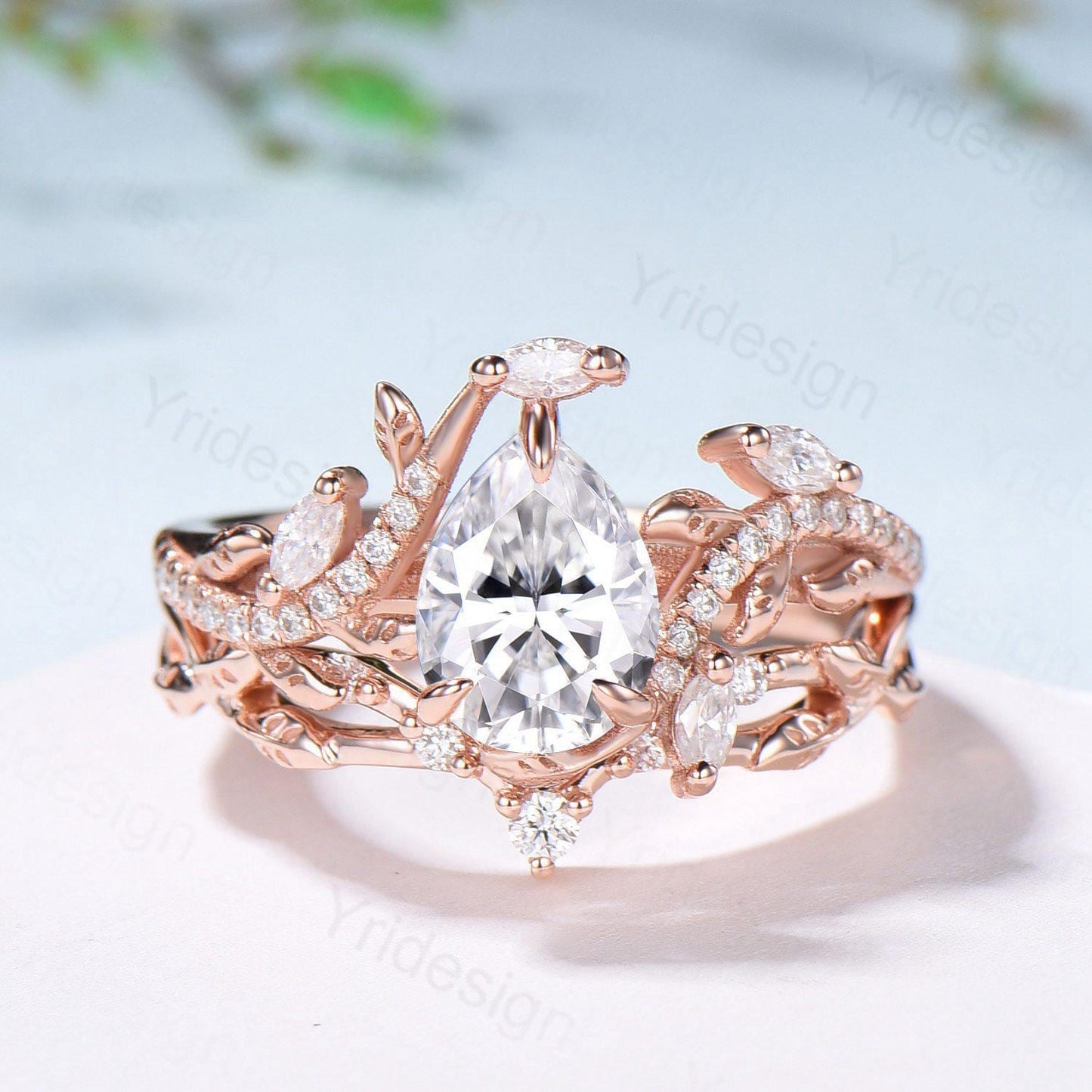 Vintage Pear Diamond Engagement Ring Set Nature Inspired Moissanite Wedding Ring Set 14k Rose Gold 2pcs Snake CVD Diamond Bridal Set Women