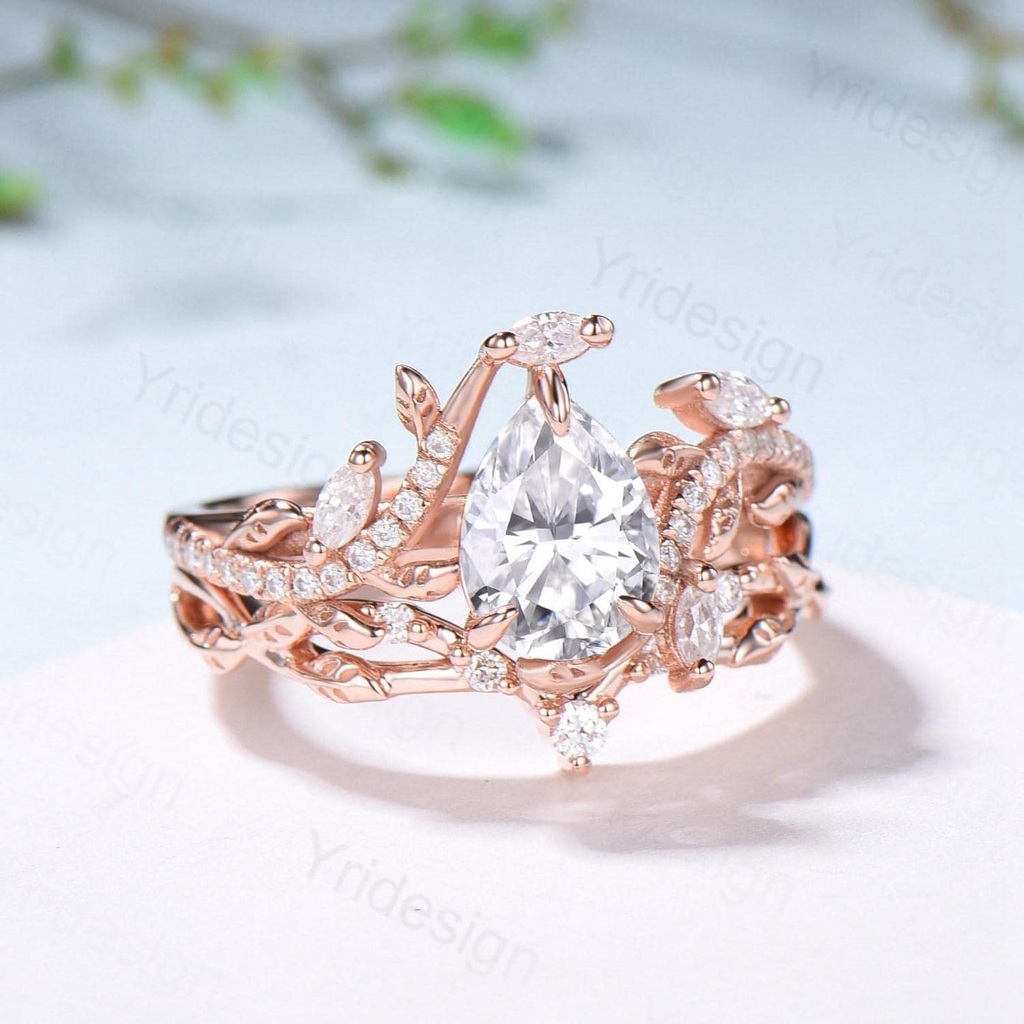 Vintage Pear Diamond Engagement Ring Set Nature Inspired Moissanite Wedding Ring Set 14k Rose Gold 2pcs Snake CVD Diamond Bridal Set Women