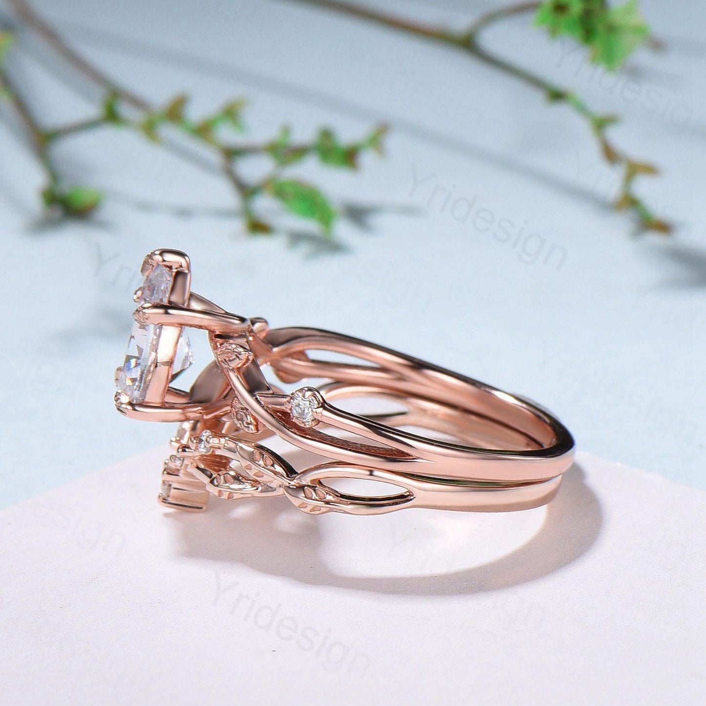 Vintage Pear Shaped Diamond Engagement Ring Set Unique 18K Rose Gold Moissanite Wedding Ring Set Nature Inspired Leafy Vine Anniversary Ring