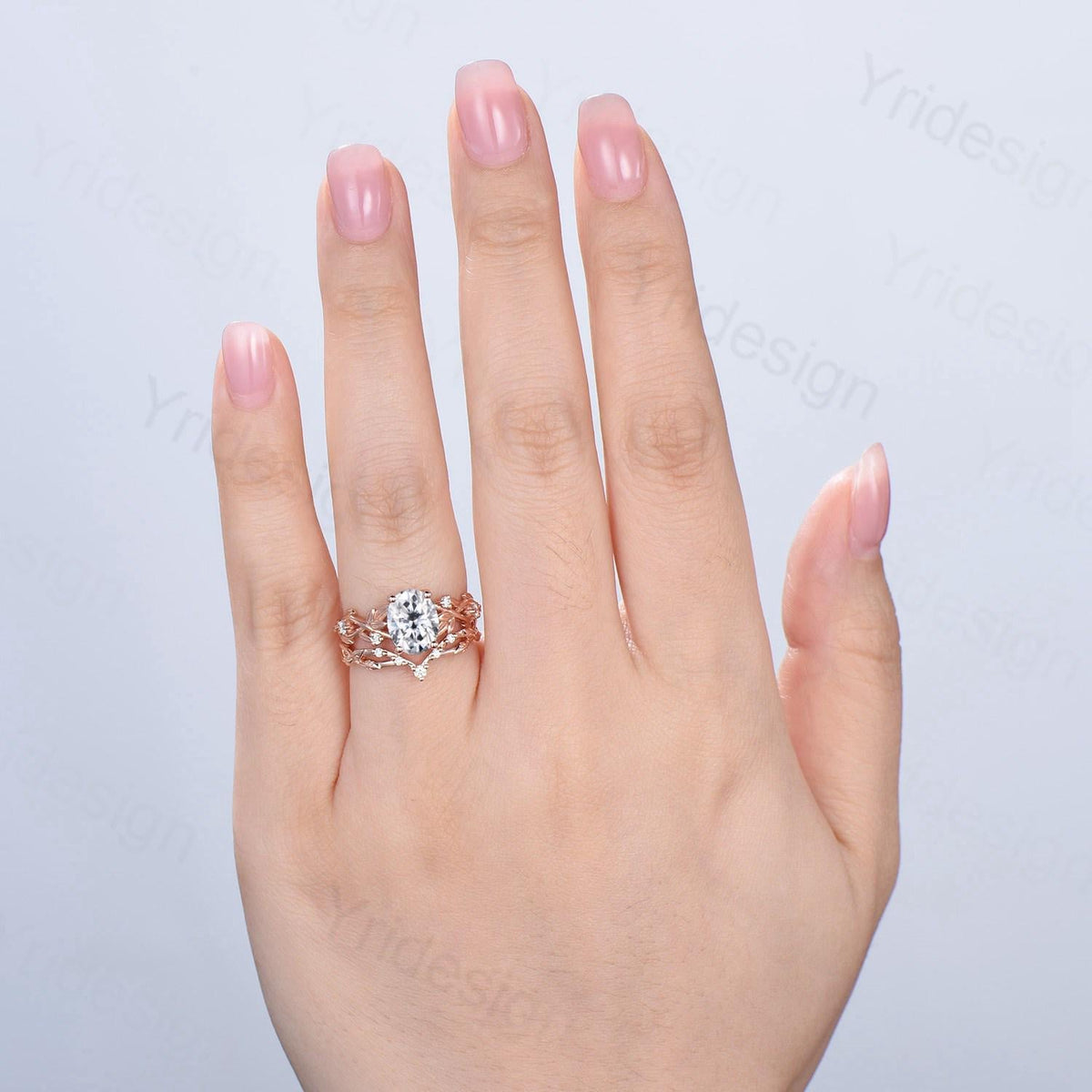 Nature Inspired Oval Diamond Engagement Ring Split  Shank CVD Diamond Bridal Ring Set Unique Leaf Vine Moissanite Wedding Ring Set for Her