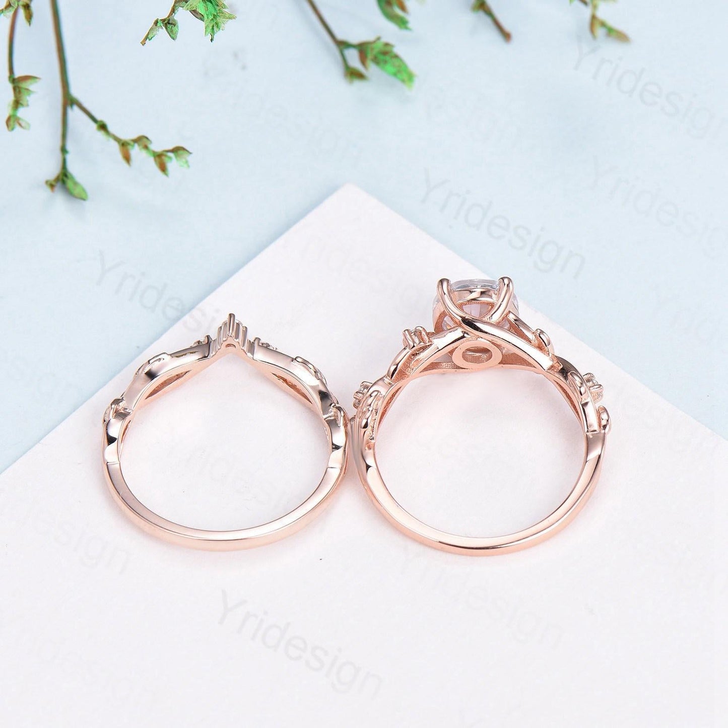 Nature Inspired Oval Diamond Engagement Ring Split  Shank CVD Diamond Bridal Ring Set Unique Leaf Vine Moissanite Wedding Ring Set for Her