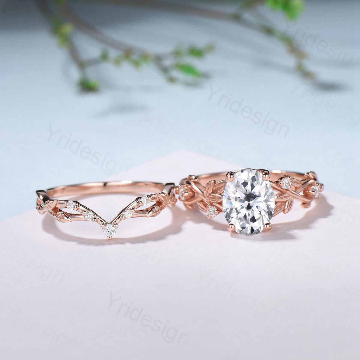 Nature Inspired Oval Diamond Engagement Ring Split  Shank CVD Diamond Bridal Ring Set Unique Leaf Vine Moissanite Wedding Ring Set for Her