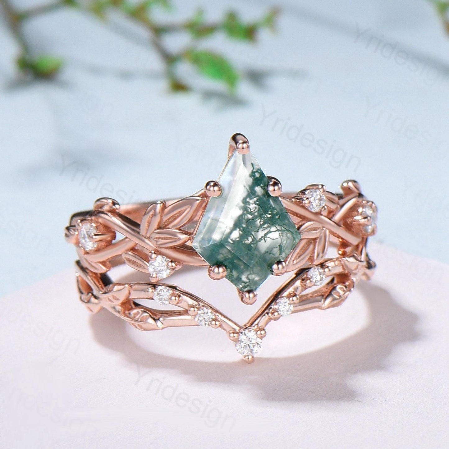 1.5 Carat Kite Cut Natural Moss Agate Engagement Ring Set Leaf Vine Green Agate Diamond Wedding Set Nature Inspired Anniversary Ring Women
